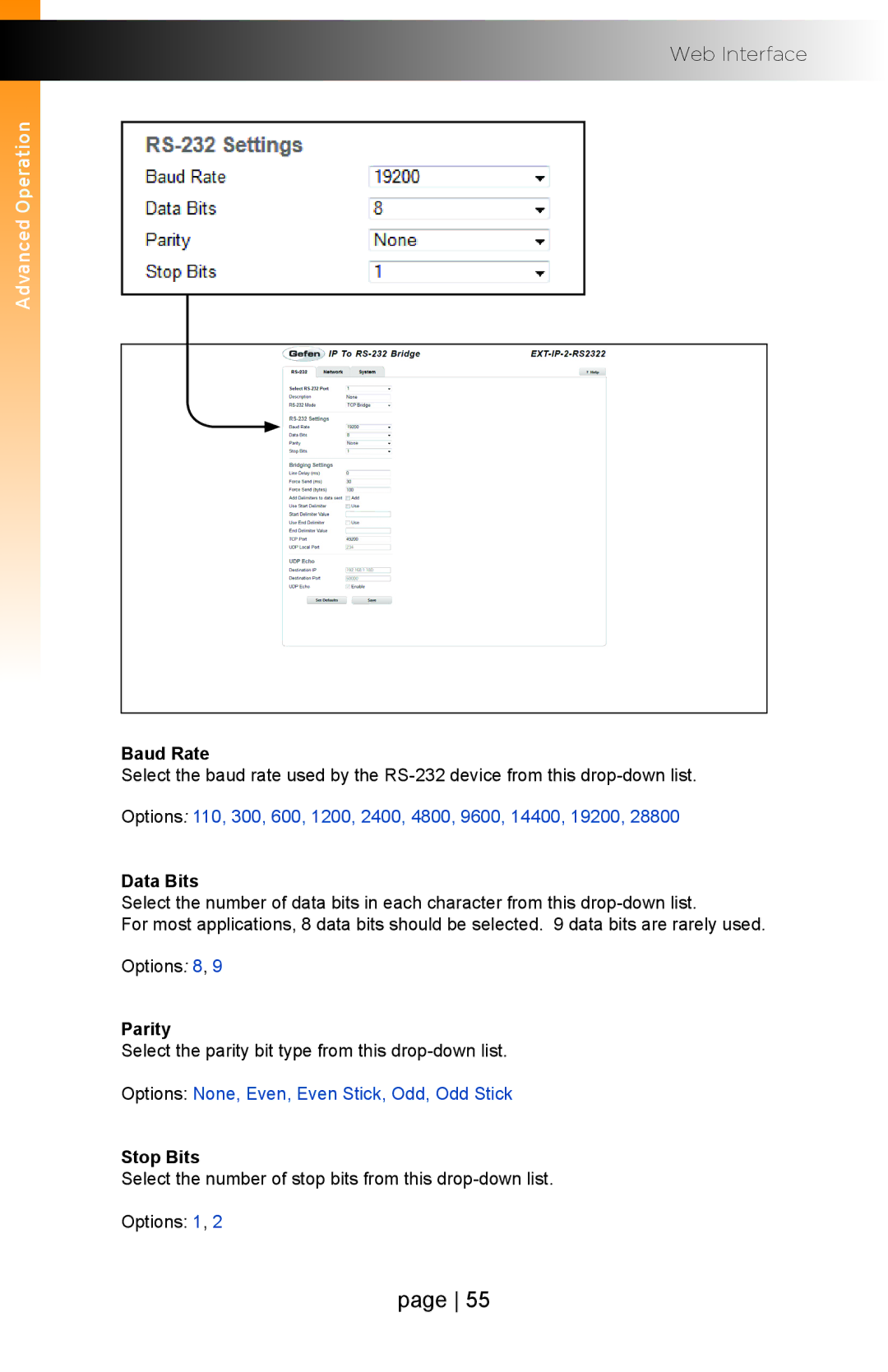 Gefen EXT-IP-2-RS2322 user manual Baud Rate, Data Bits, Parity, Stop Bits 