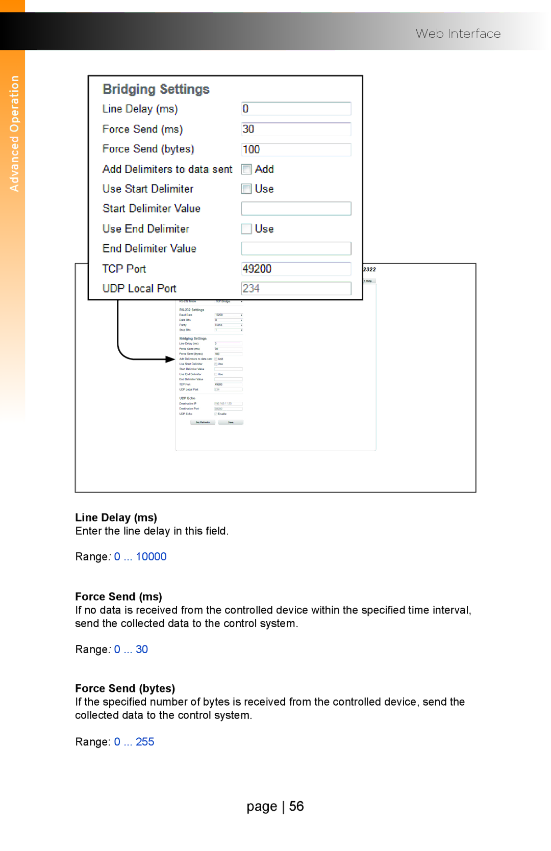 Gefen EXT-IP-2-RS2322 user manual Line Delay ms, Force Send ms, Force Send bytes 