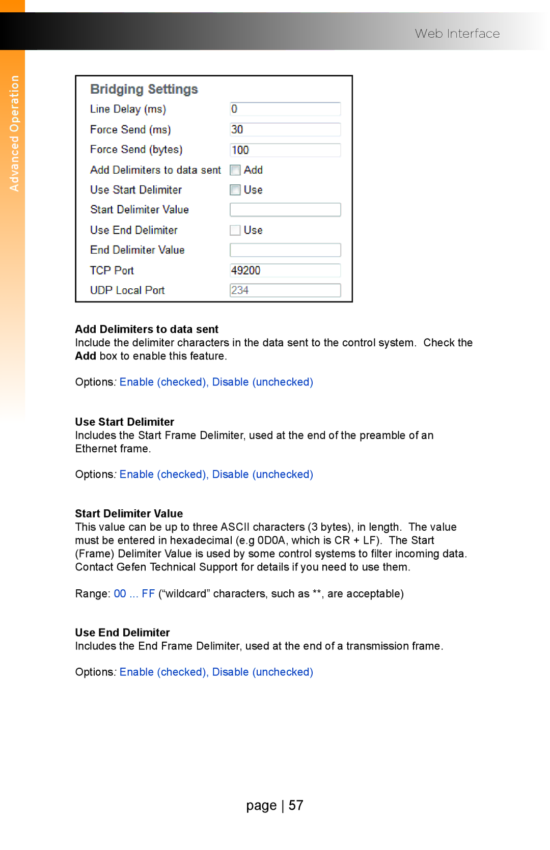 Gefen EXT-IP-2-RS2322 Add Delimiters to data sent, Use Start Delimiter, Start Delimiter Value, Use End Delimiter 