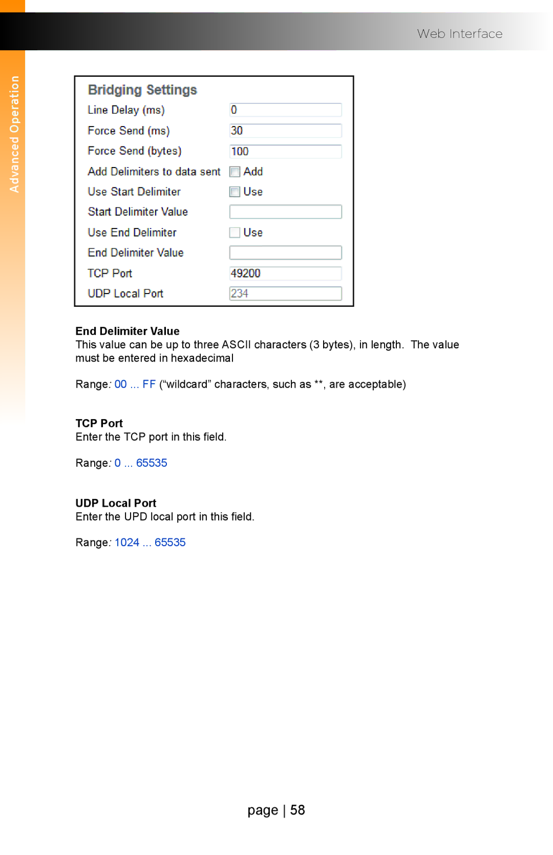 Gefen EXT-IP-2-RS2322 user manual End Delimiter Value, TCP Port, UDP Local Port 