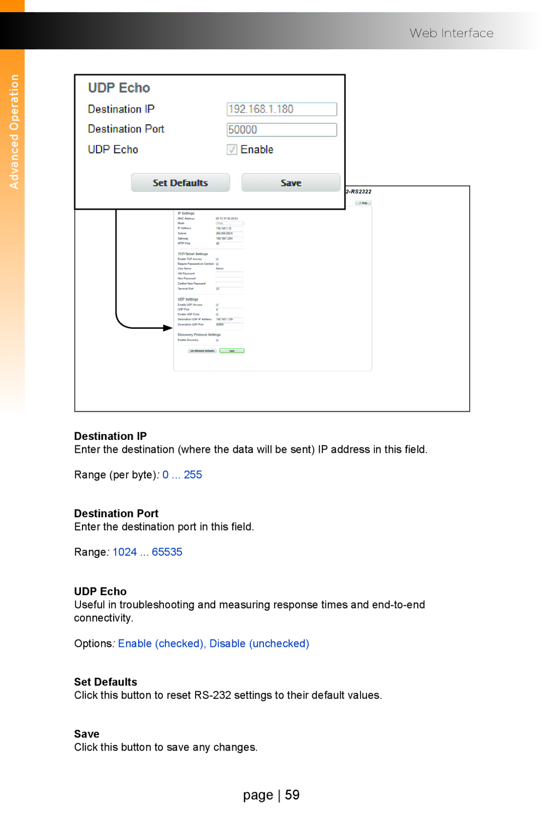 Gefen EXT-IP-2-RS2322 user manual Destination IP, Destination Port, UDP Echo, Set Defaults, Save 