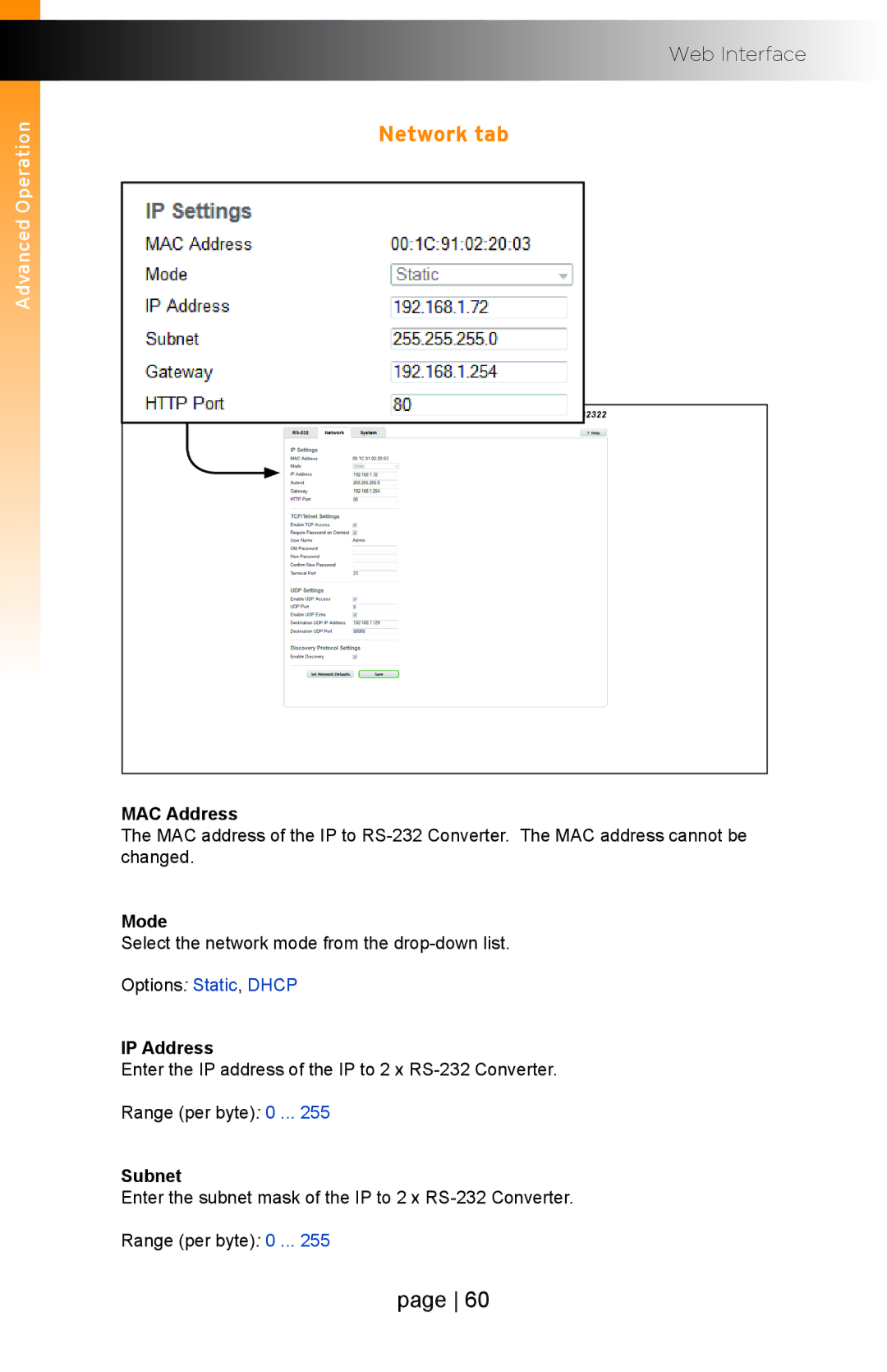 Gefen EXT-IP-2-RS2322 user manual Network tab, MAC Address, Mode, IP Address, Subnet 