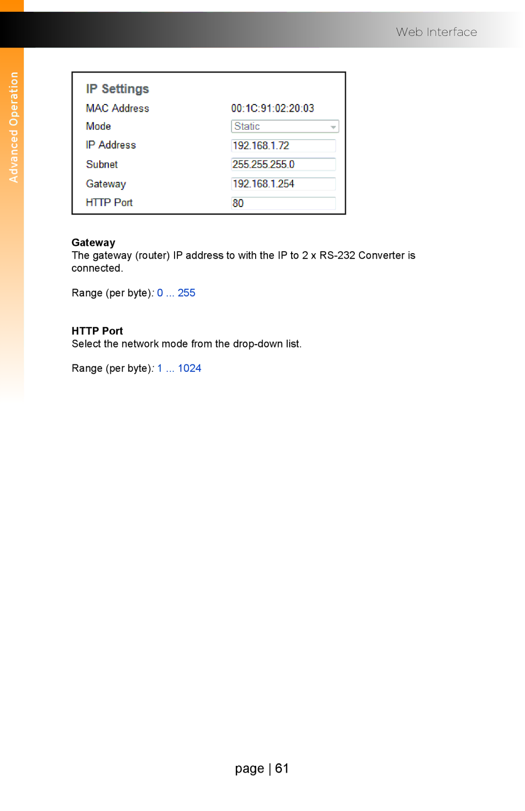 Gefen EXT-IP-2-RS2322 user manual Gateway, Http Port 