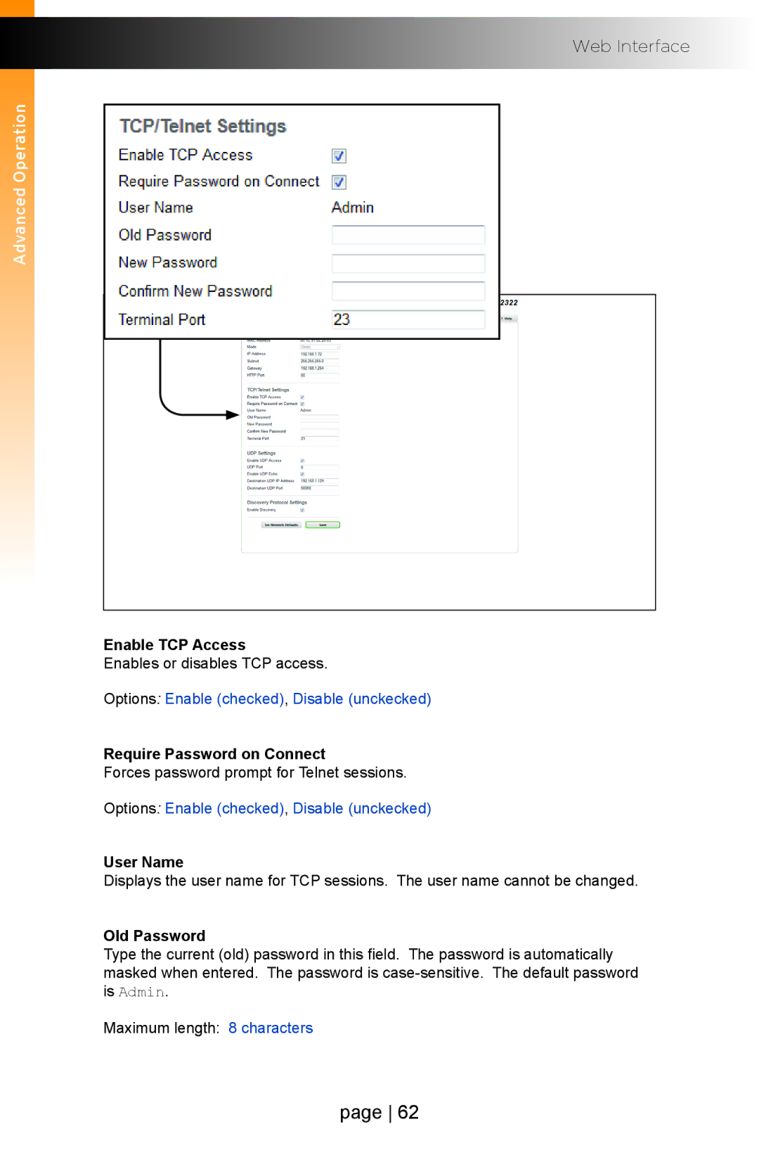 Gefen EXT-IP-2-RS2322 user manual Enable TCP Access, Require Password on Connect, User Name, Old Password 