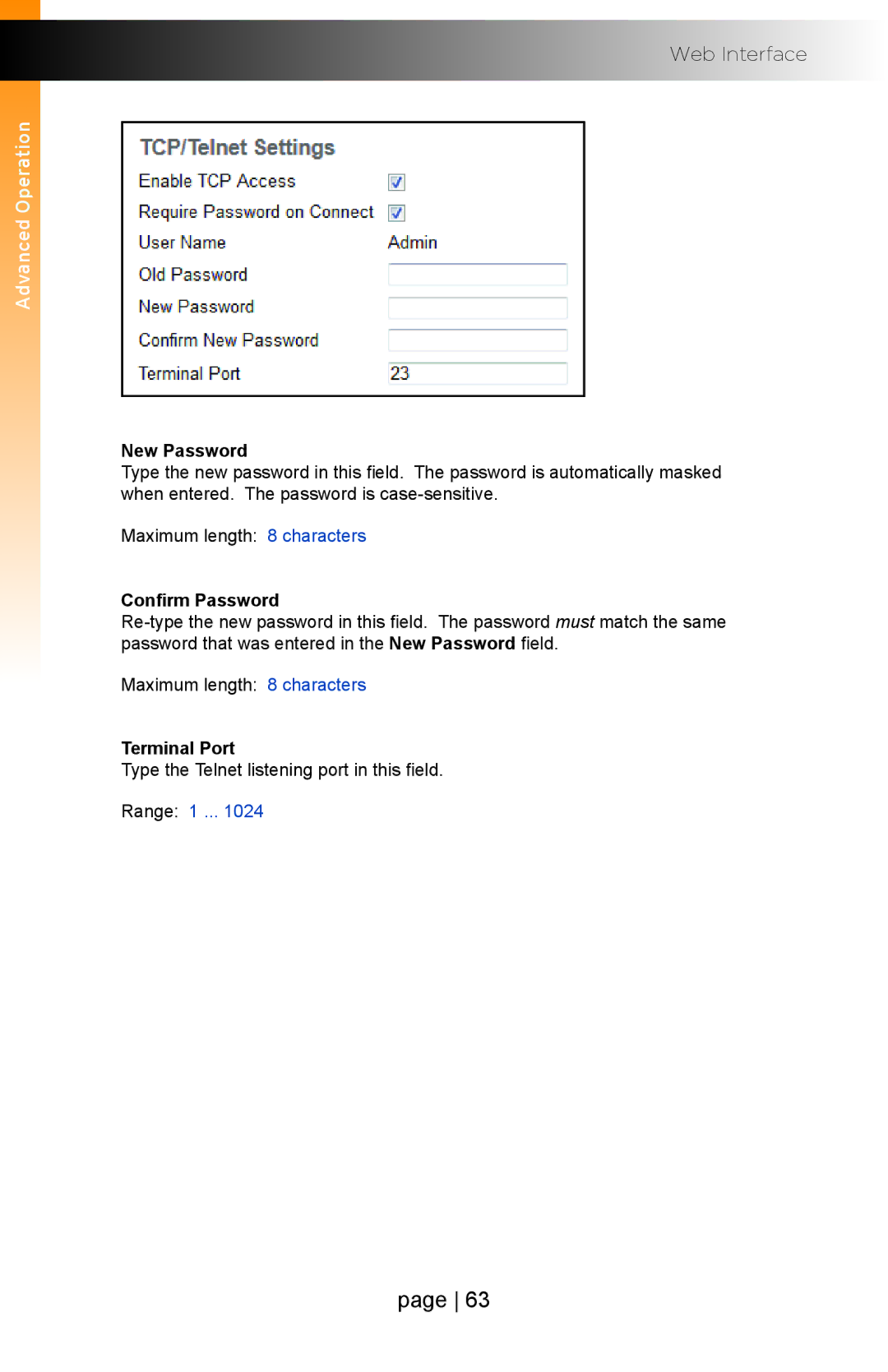 Gefen EXT-IP-2-RS2322 user manual New Password, Confirm Password, Terminal Port 