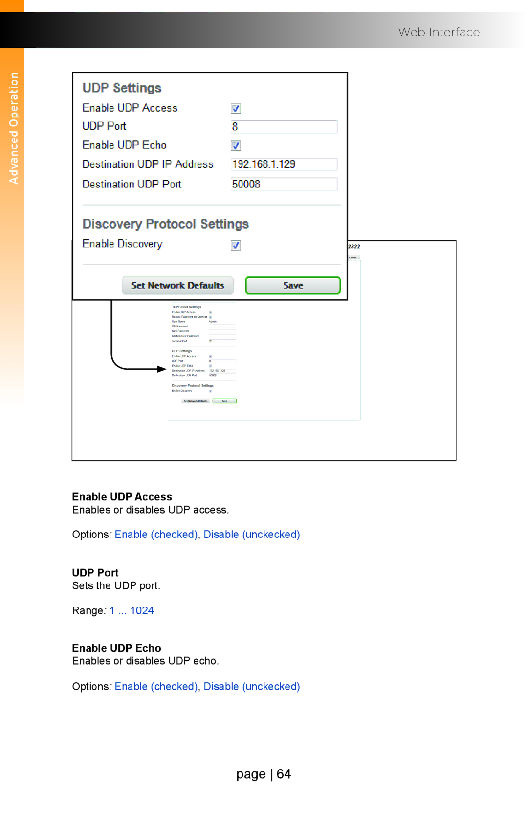 Gefen EXT-IP-2-RS2322 user manual Enable UDP Access, UDP Port, Enable UDP Echo 