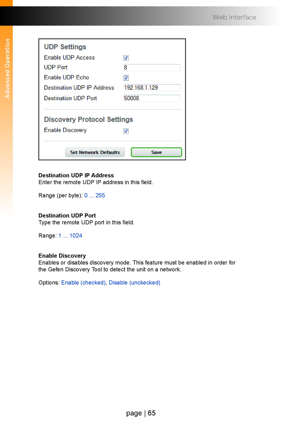 Gefen EXT-IP-2-RS2322 user manual Destination UDP IP Address, Destination UDP Port, Enable Discovery 