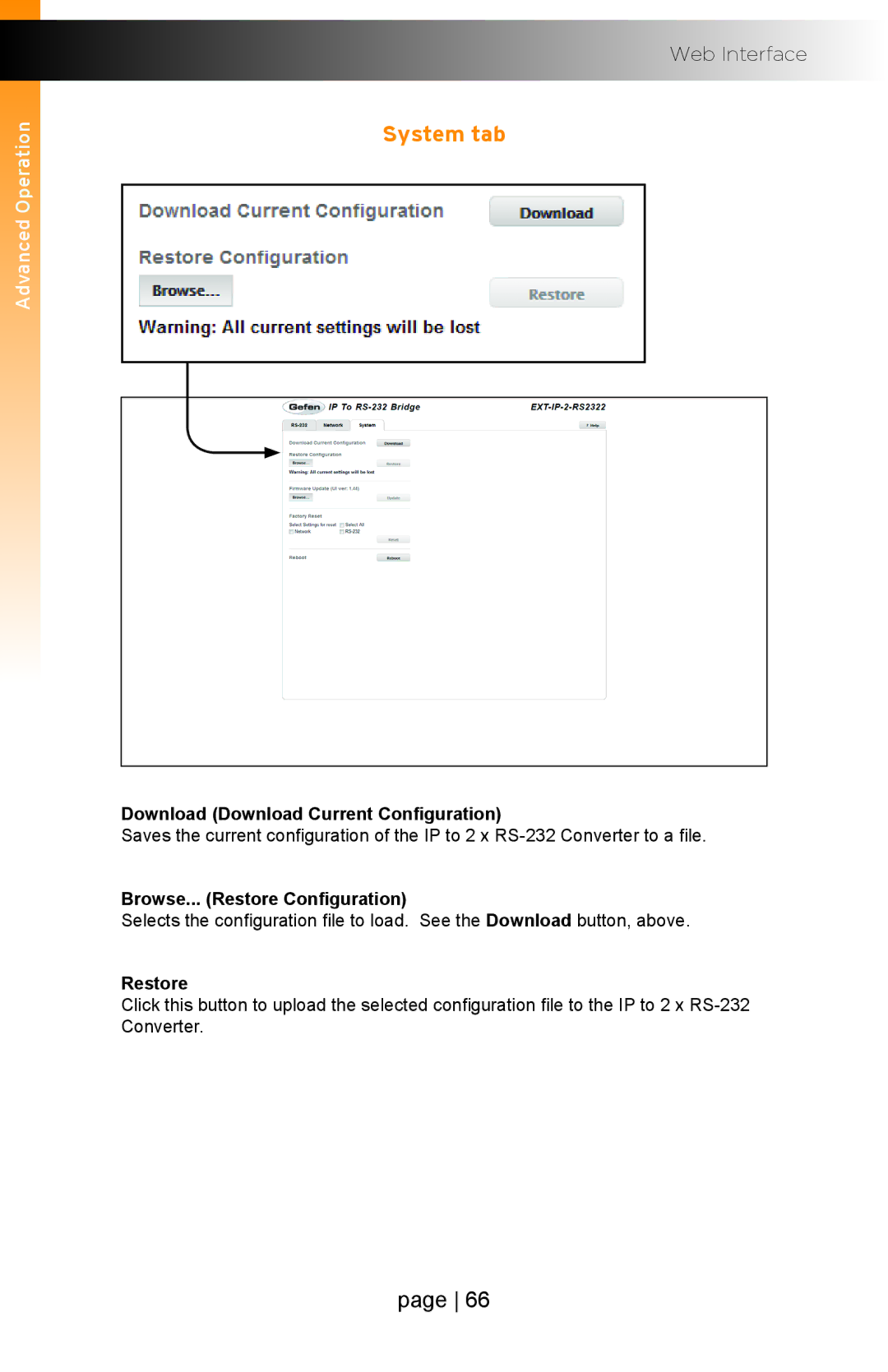 Gefen EXT-IP-2-RS2322 user manual System tab, Download Download Current Configuration, Browse... Restore Configuration 