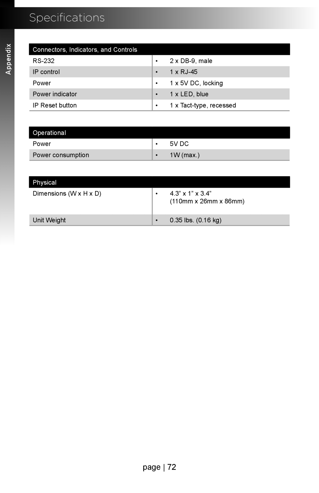 Gefen EXT-IP-2-RS2322 user manual Specifications, Connectors, Indicators, and Controls RS-232 