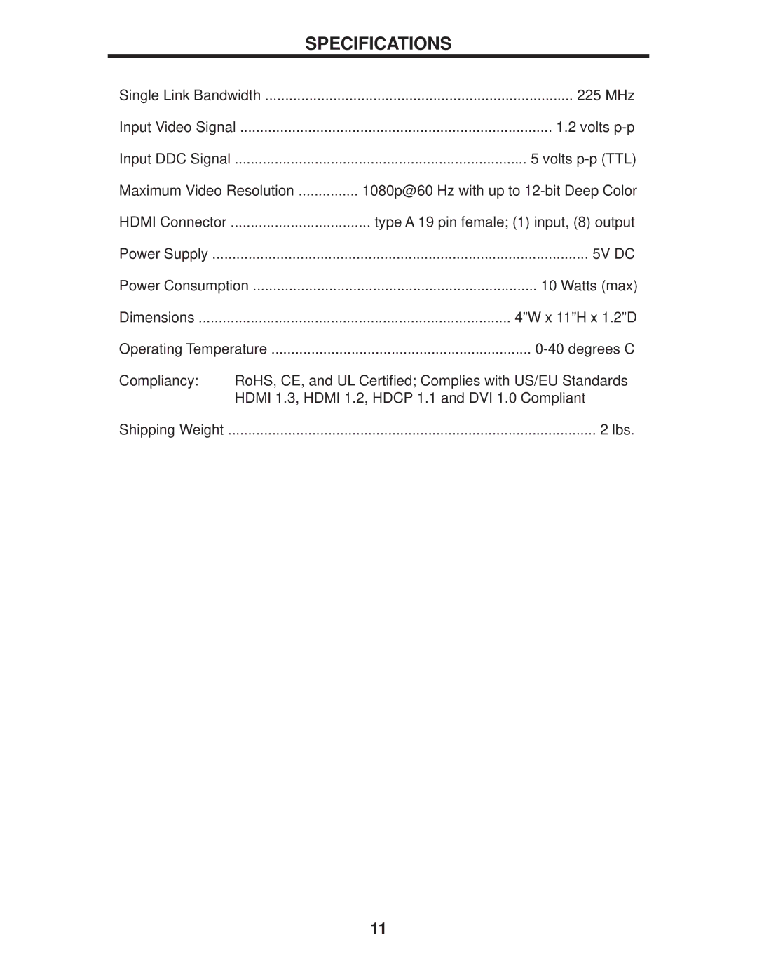 Gefen EXT-MHDMI1.3-148 user manual Specifications, 5V DC 