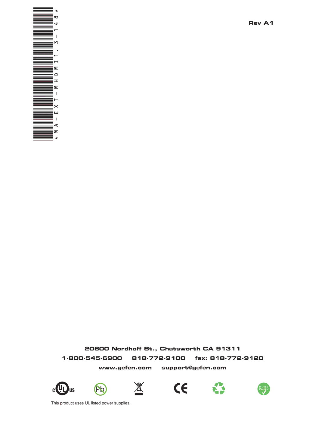 Gefen EXT-MHDMI1.3-148 user manual Rev A1 Nordhoff St., Chatsworth CA 