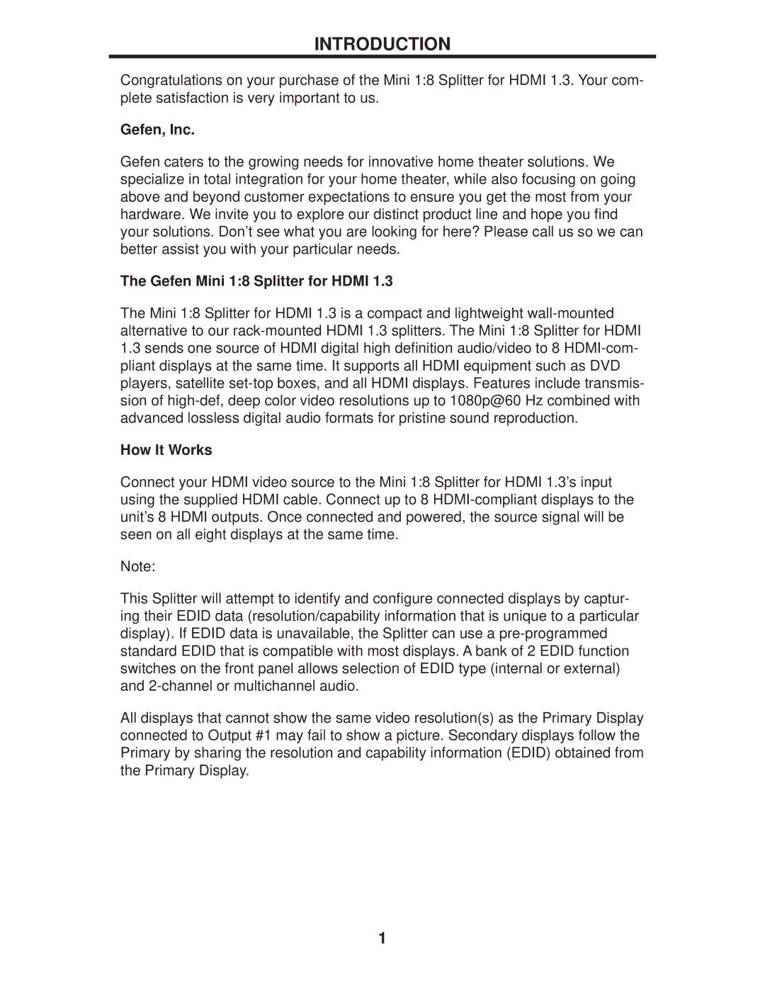 Gefen EXT-MHDMI1.3-148 user manual Introduction, Gefen, Inc, Gefen Mini 18 Splitter for Hdmi, How It Works 