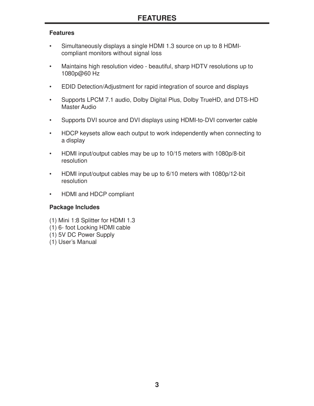 Gefen EXT-MHDMI1.3-148 user manual Features, Package Includes 
