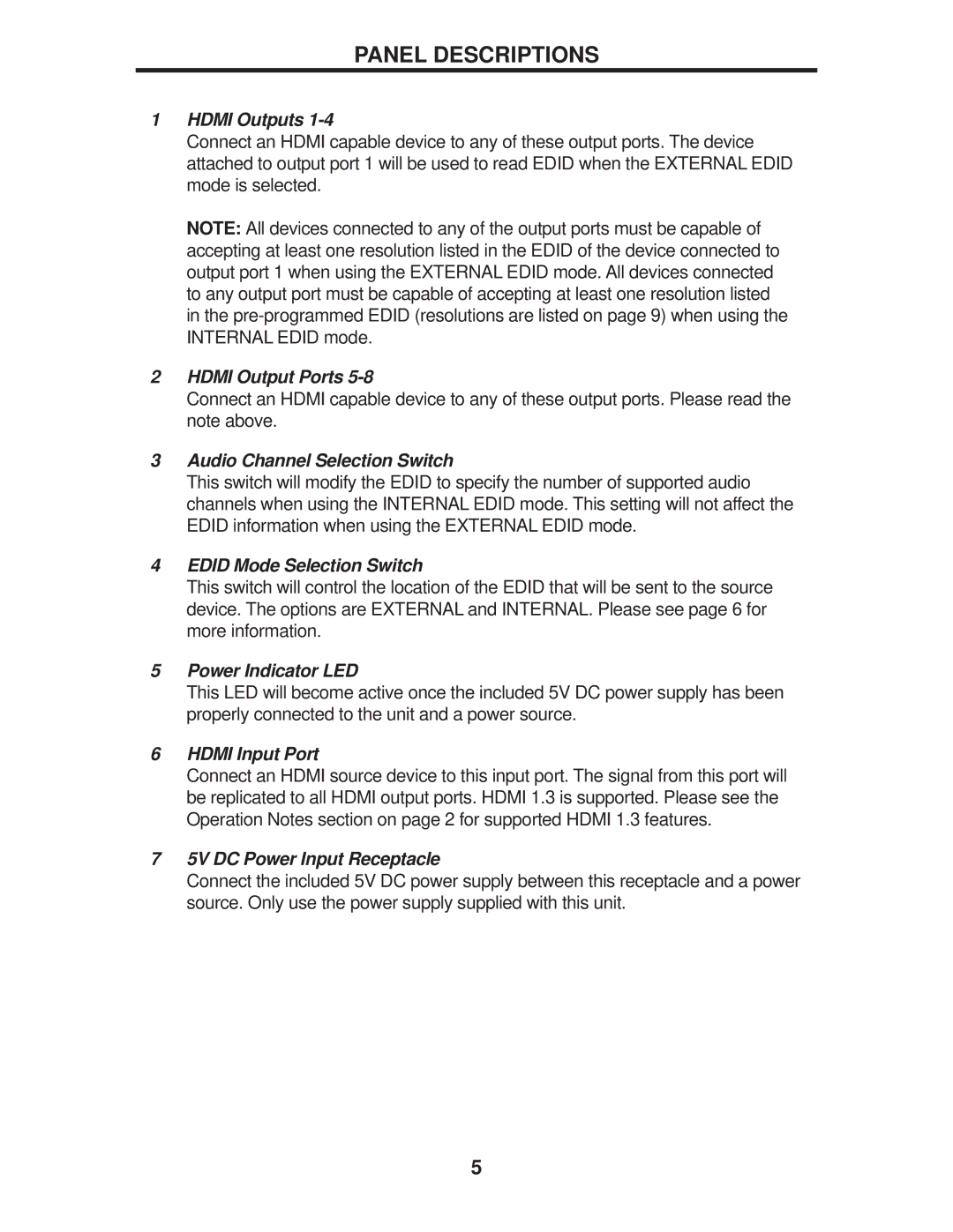 Gefen EXT-MHDMI1.3-148 user manual Panel Descriptions, Hdmi Outputs 