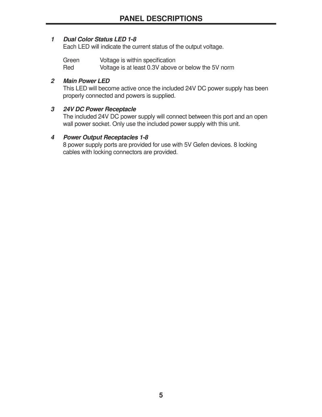 Gefen EXT-PS5-8R user manual Panel Descriptions, Dual Color Status LED 