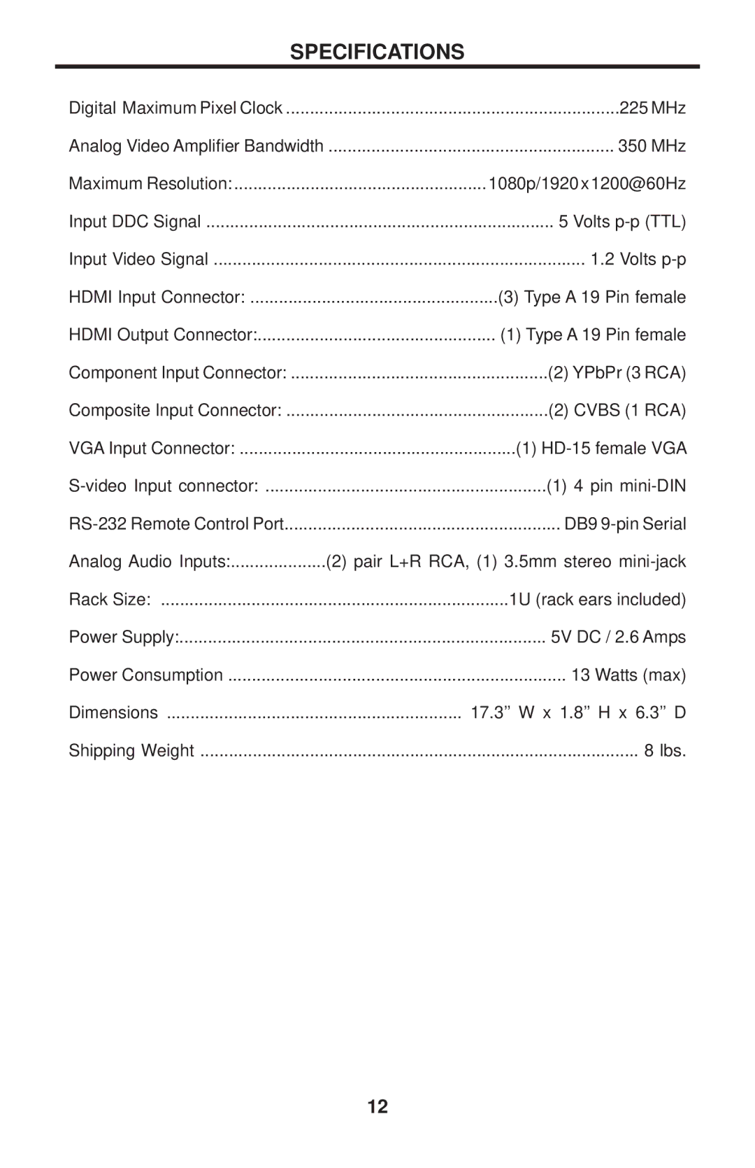 Gefen EXT-TV-MFS user manual Specifications 