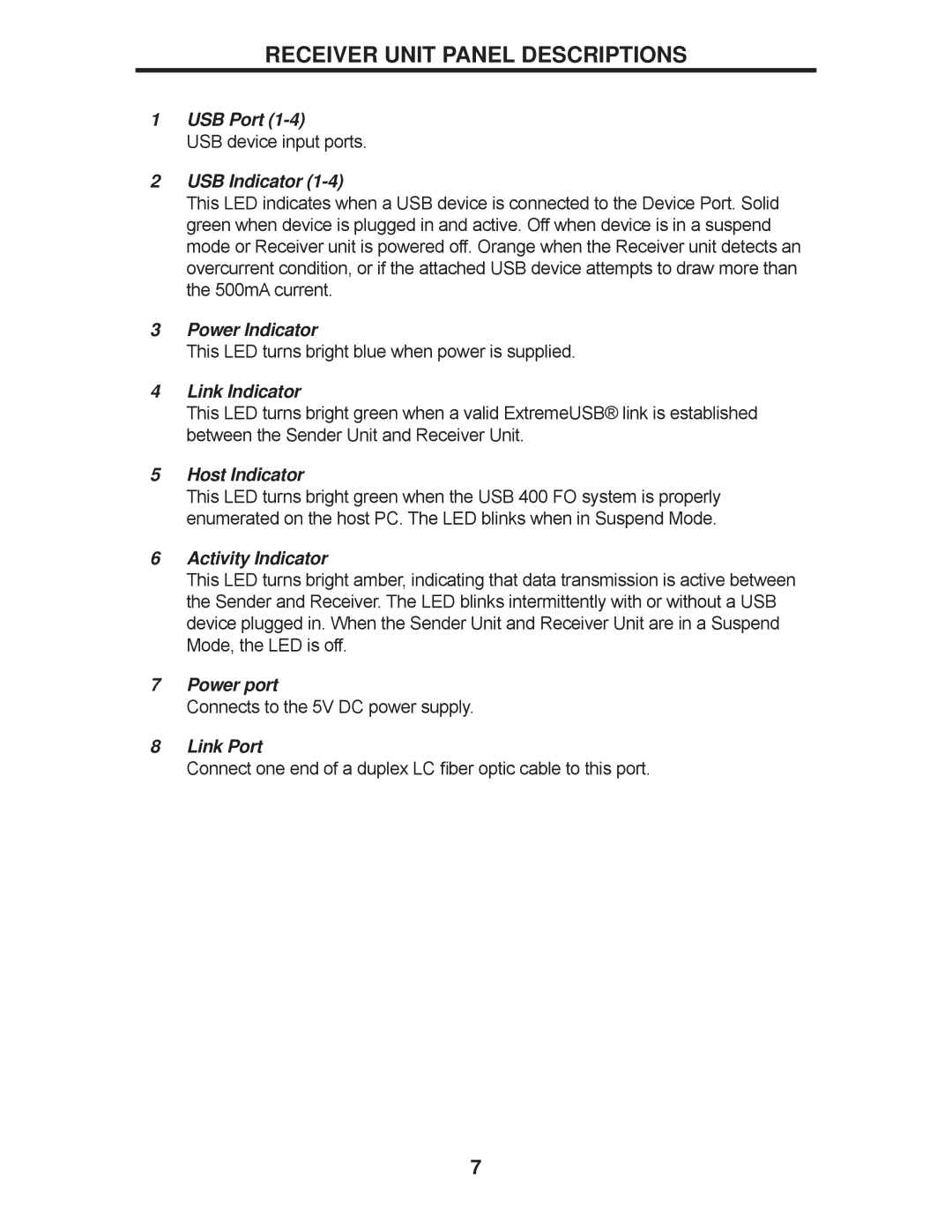 Gefen EXT-USB-400FON user manual Receiver Unit Panel Descriptions, USB Indicator 