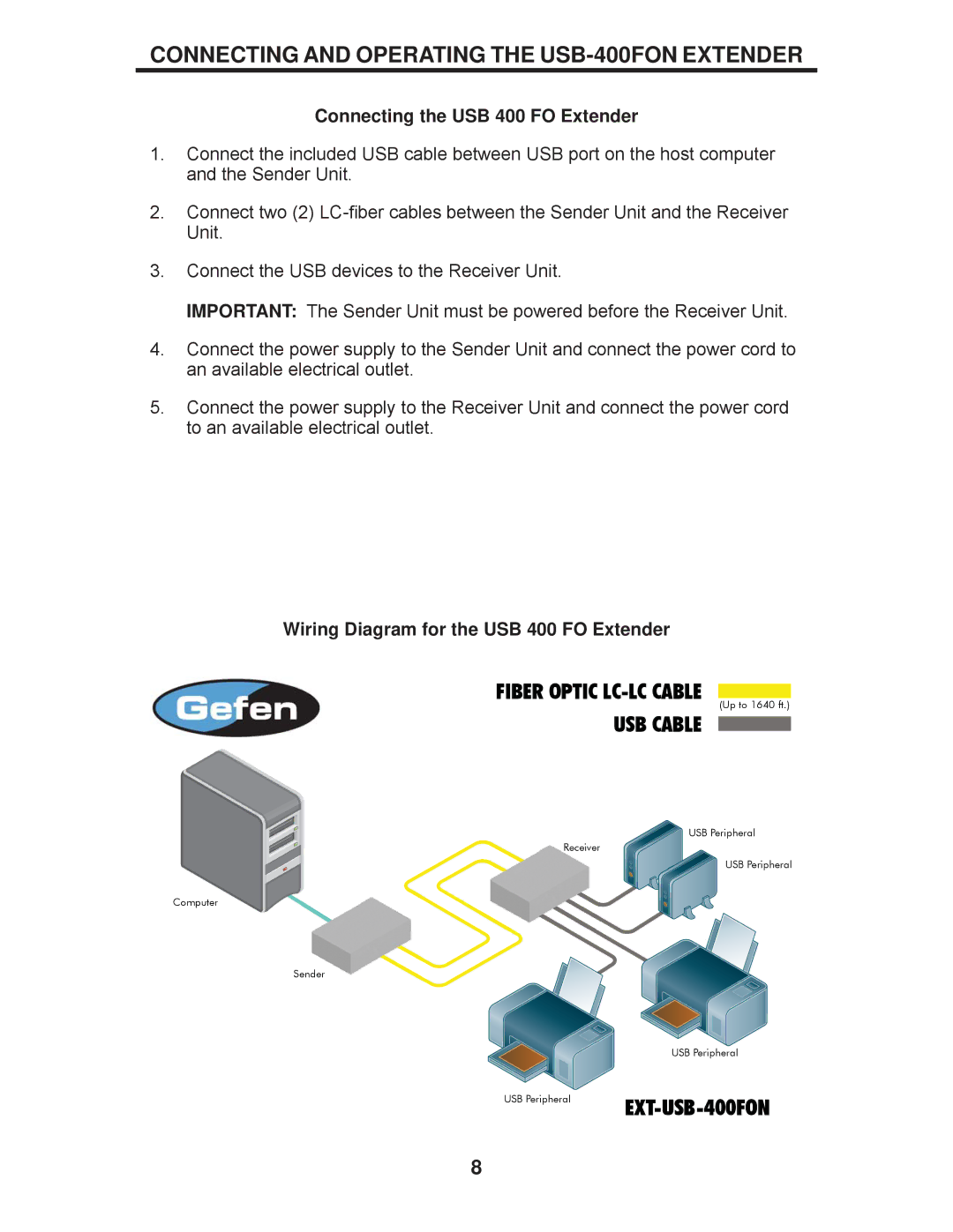 Gefen EXT-USB-400FON user manual Connecting and Operating the USB-400FON Extender, Connecting the USB 400 FO Extender 