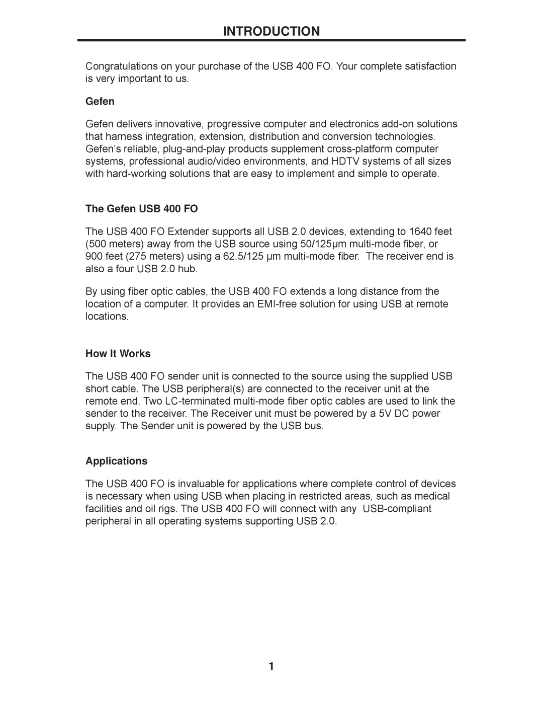 Gefen EXT-USB-400FON user manual Introduction, Gefen USB 400 FO, How It Works, Applications 