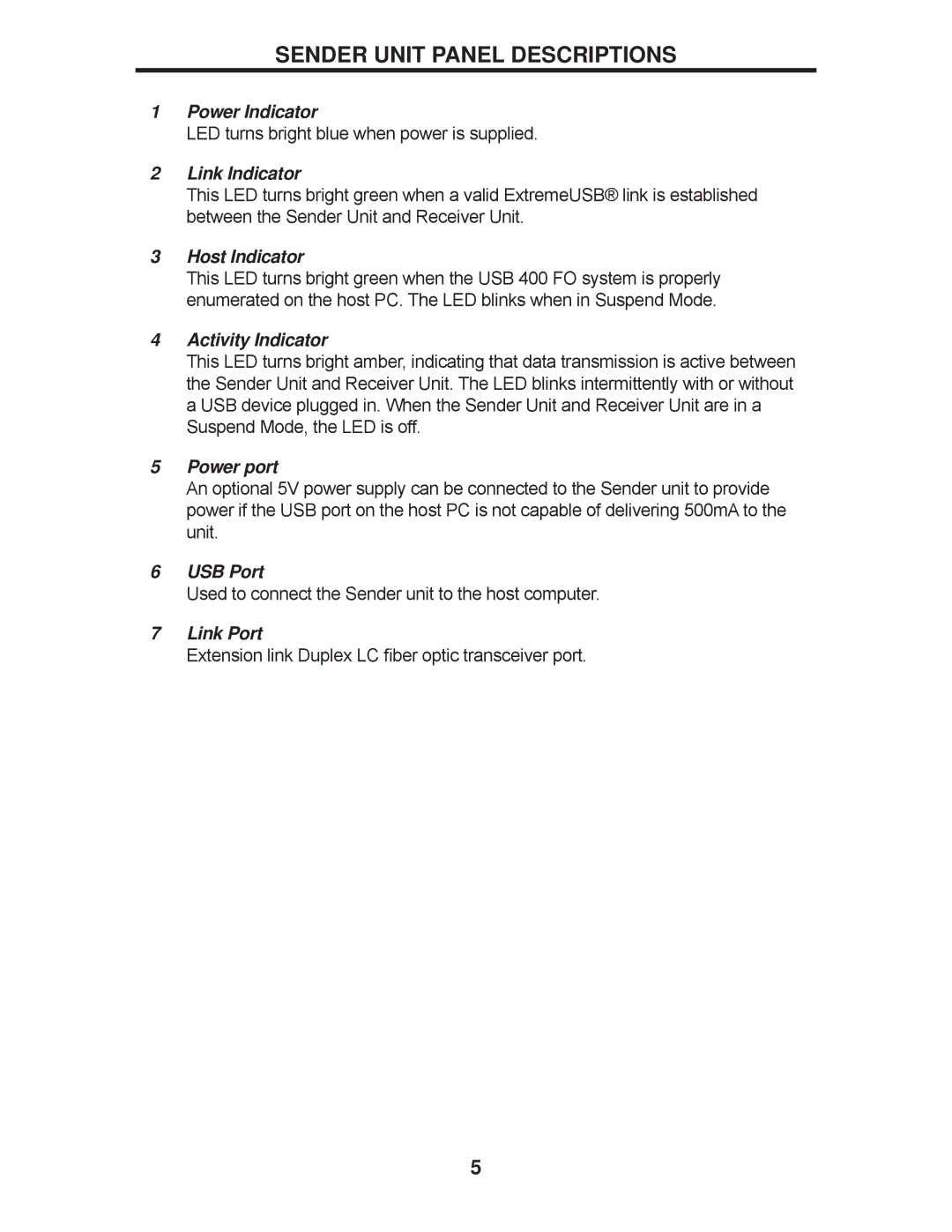 Gefen EXT-USB-400FON user manual Sender Unit Panel Descriptions, Link Indicator 