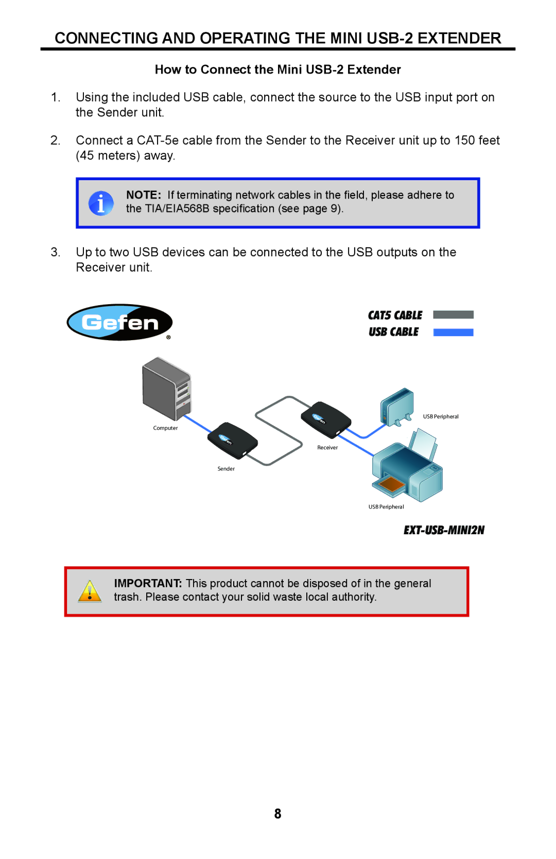 Gefen ext-usb-mini2n user manual Connecting and Operating the Mini USB-2 Extender, How to Connect the Mini USB-2 Extender 