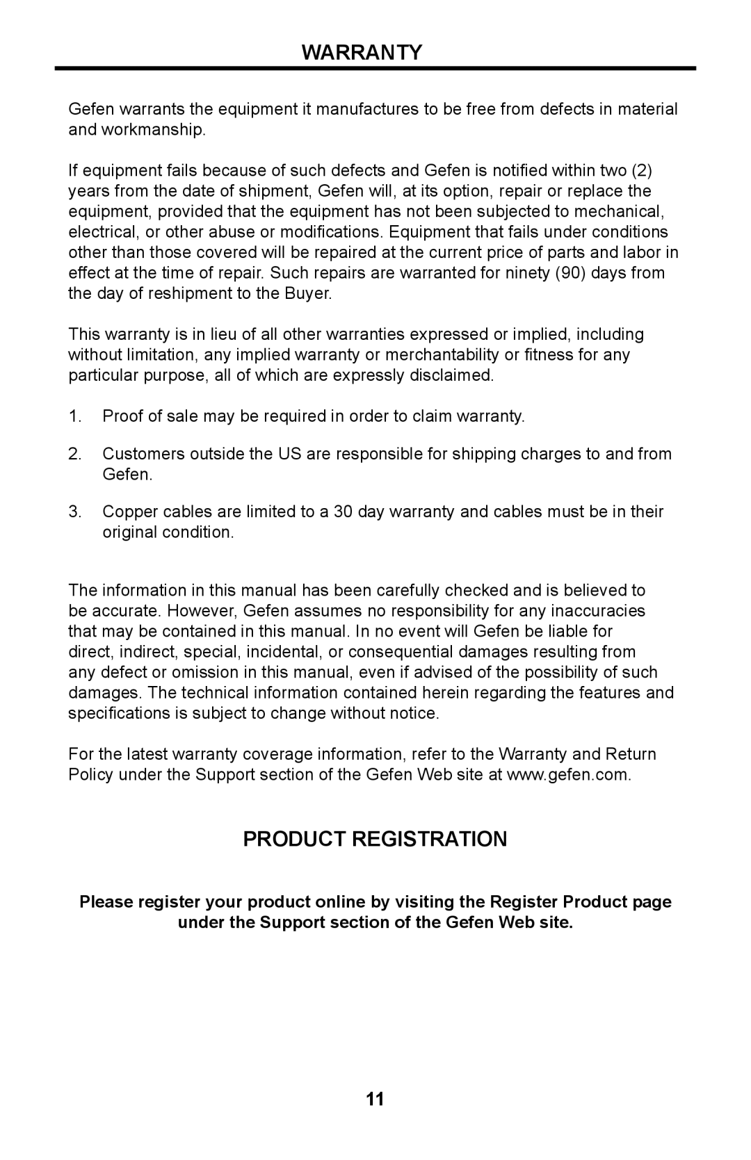 Gefen ext-usb-mini2n user manual Warranty, Product Registration 