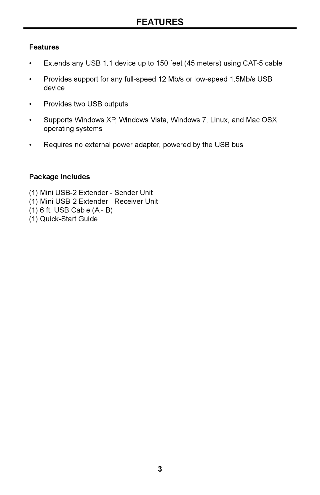 Gefen ext-usb-mini2n user manual Features, Package Includes 