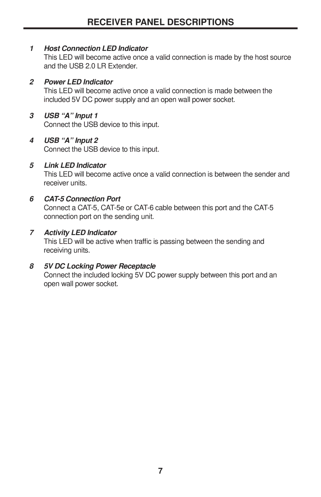 Gefen EXT-USB2.0-LR user manual Receiver Panel Descriptions 