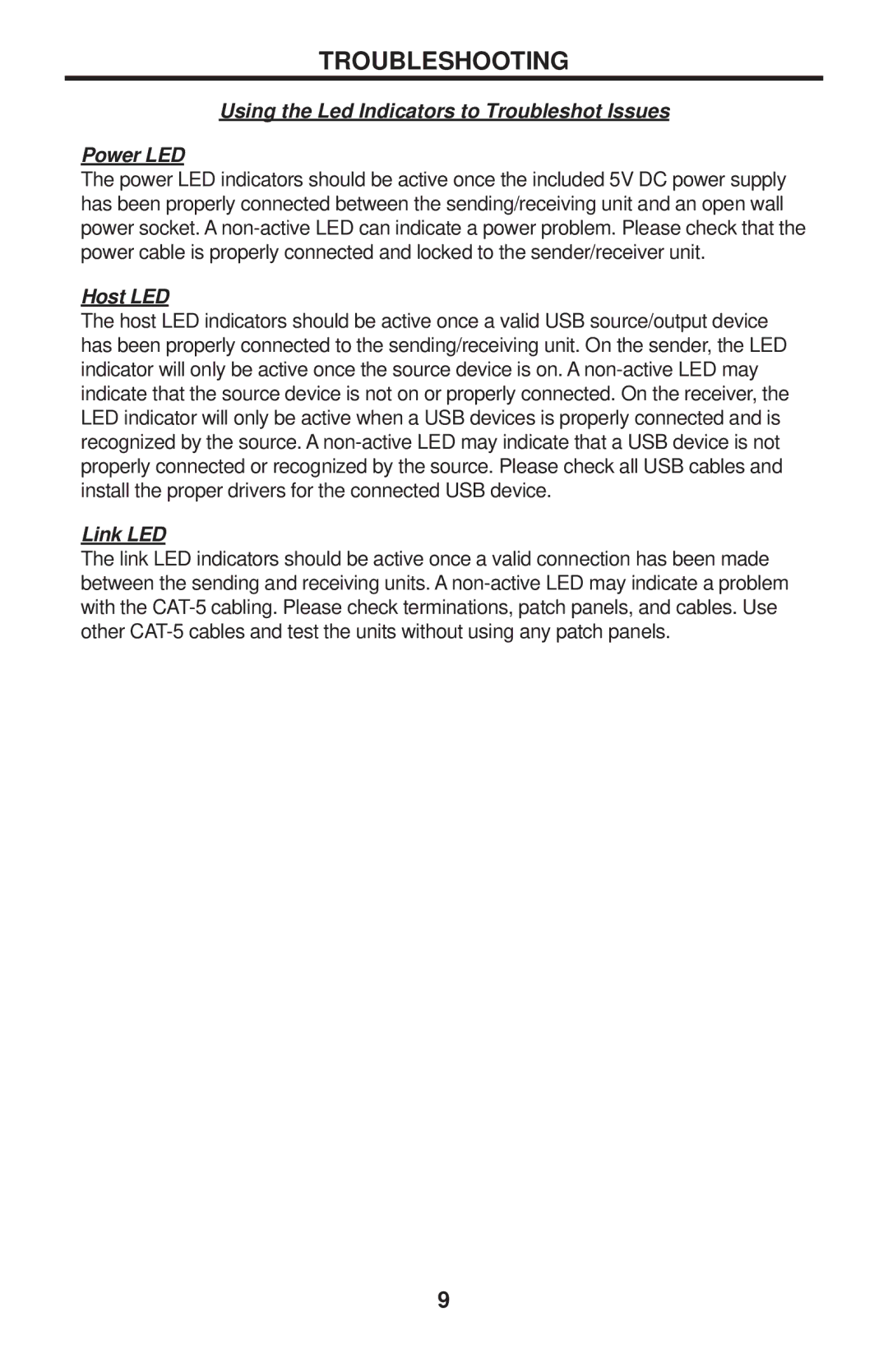 Gefen EXT-USB2.0-LR user manual Troubleshooting, Using the Led Indicators to Troubleshot Issues Power LED 