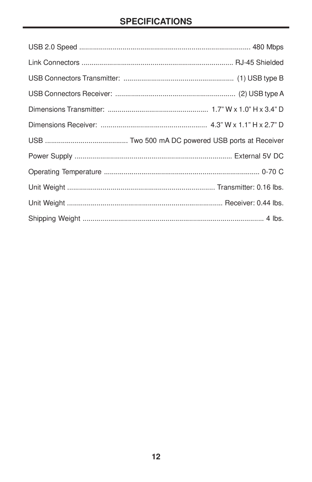 Gefen EXT-USB2.0-LR user manual Specifications, Usb 