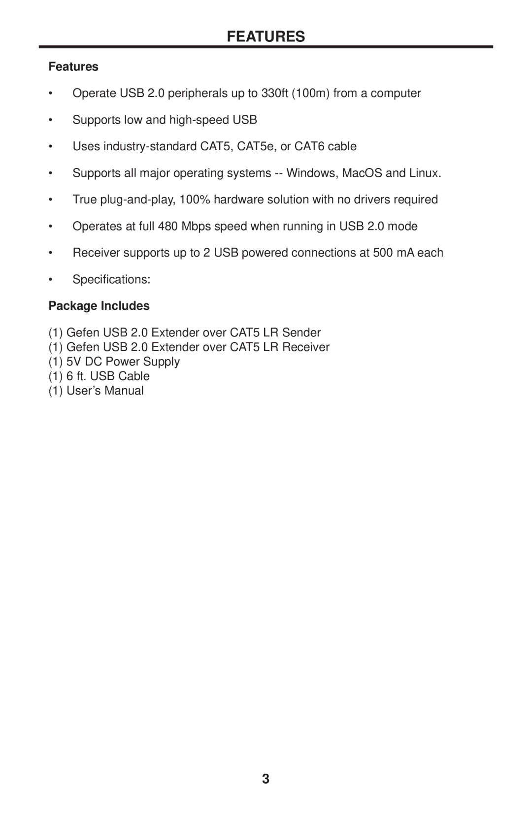 Gefen EXT-USB2.0-LR user manual Features, Package Includes 