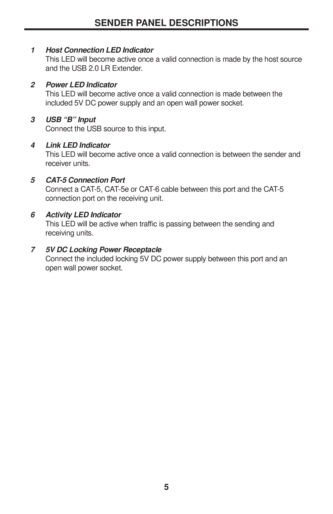 Gefen EXT-USB2.0-LR user manual Sender Panel Descriptions, Host Connection LED Indicator 