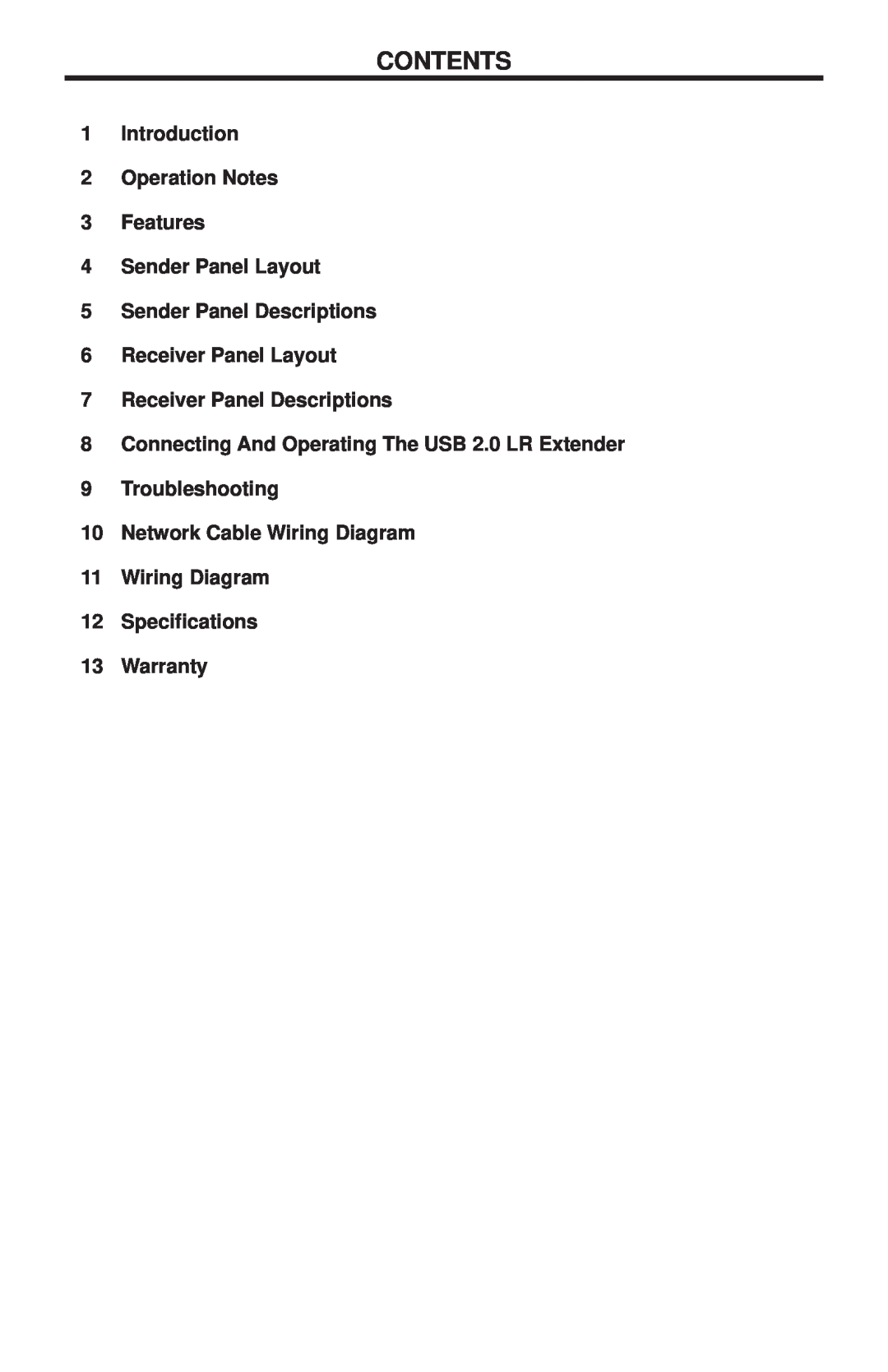 Gefen EXT-USB2.0-LR Contents, Introduction 2 Operation Notes 3 Features 4 Sender Panel Layout, Receiver Panel Descriptions 