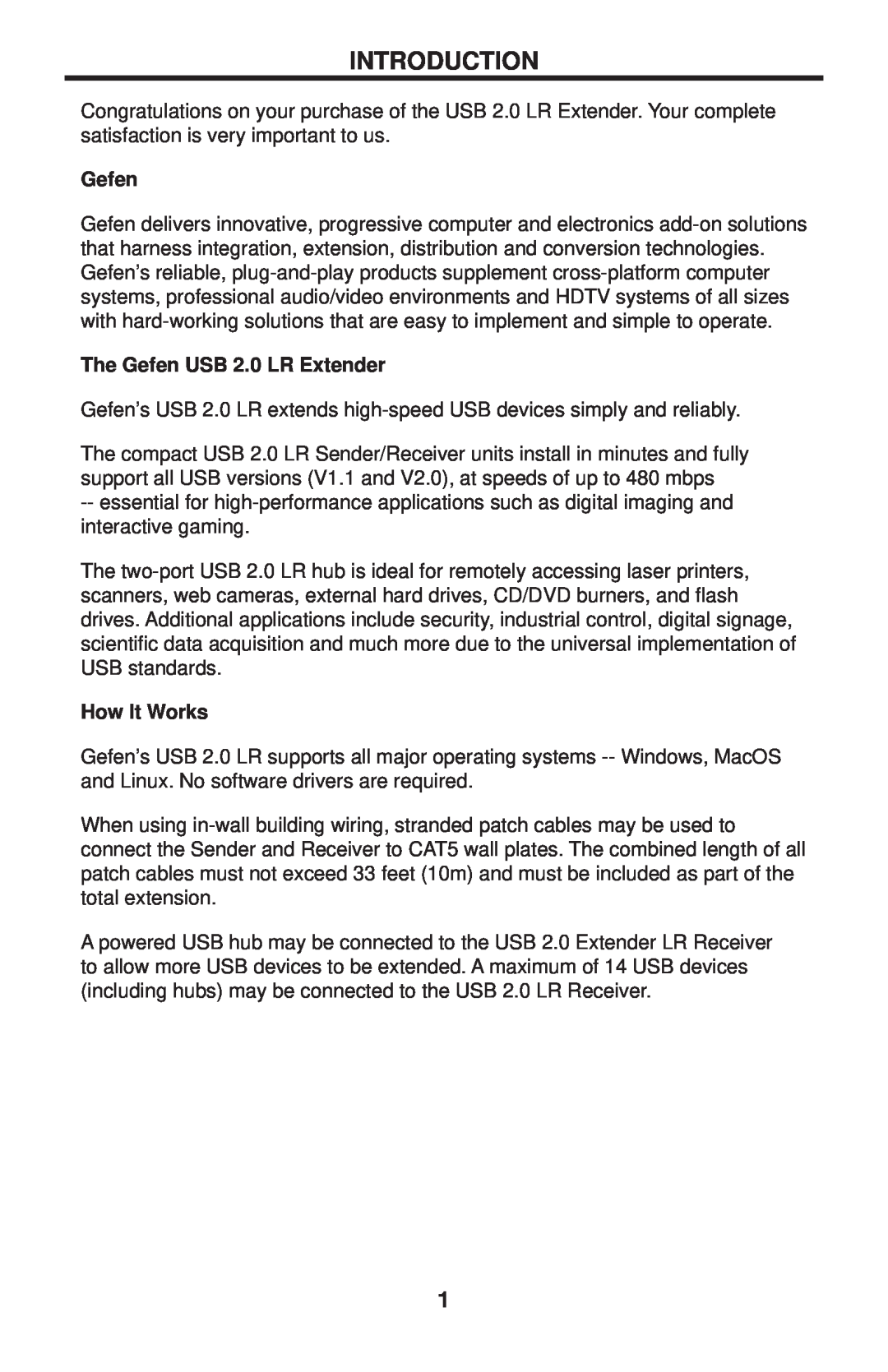Gefen EXT-USB2.0-LR user manual Introduction, The Gefen USB 2.0 LR Extender, How It Works 