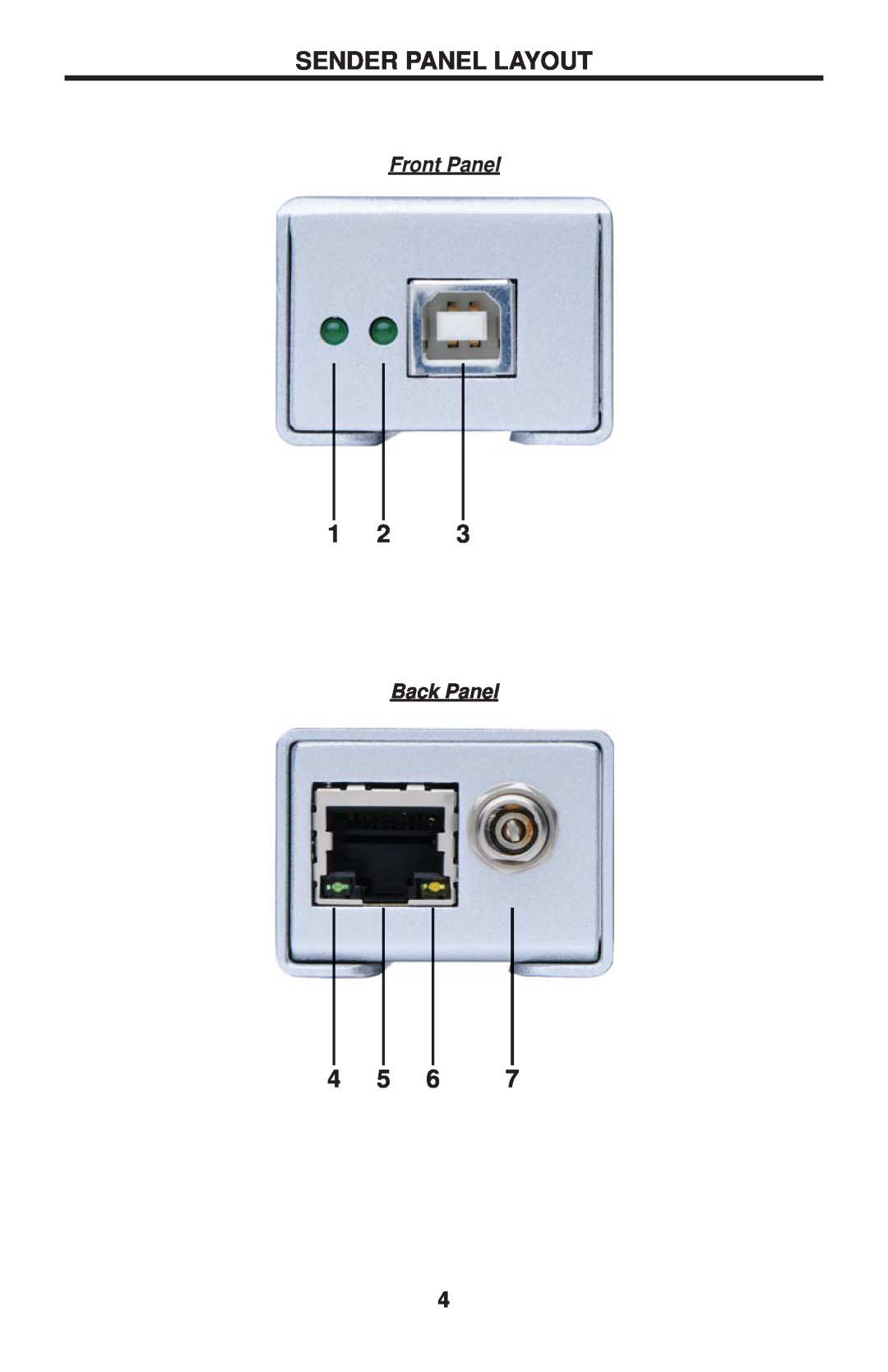 Gefen EXT-USB2.0-LR user manual Sender Panel Layout, Front Panel, Back Panel 