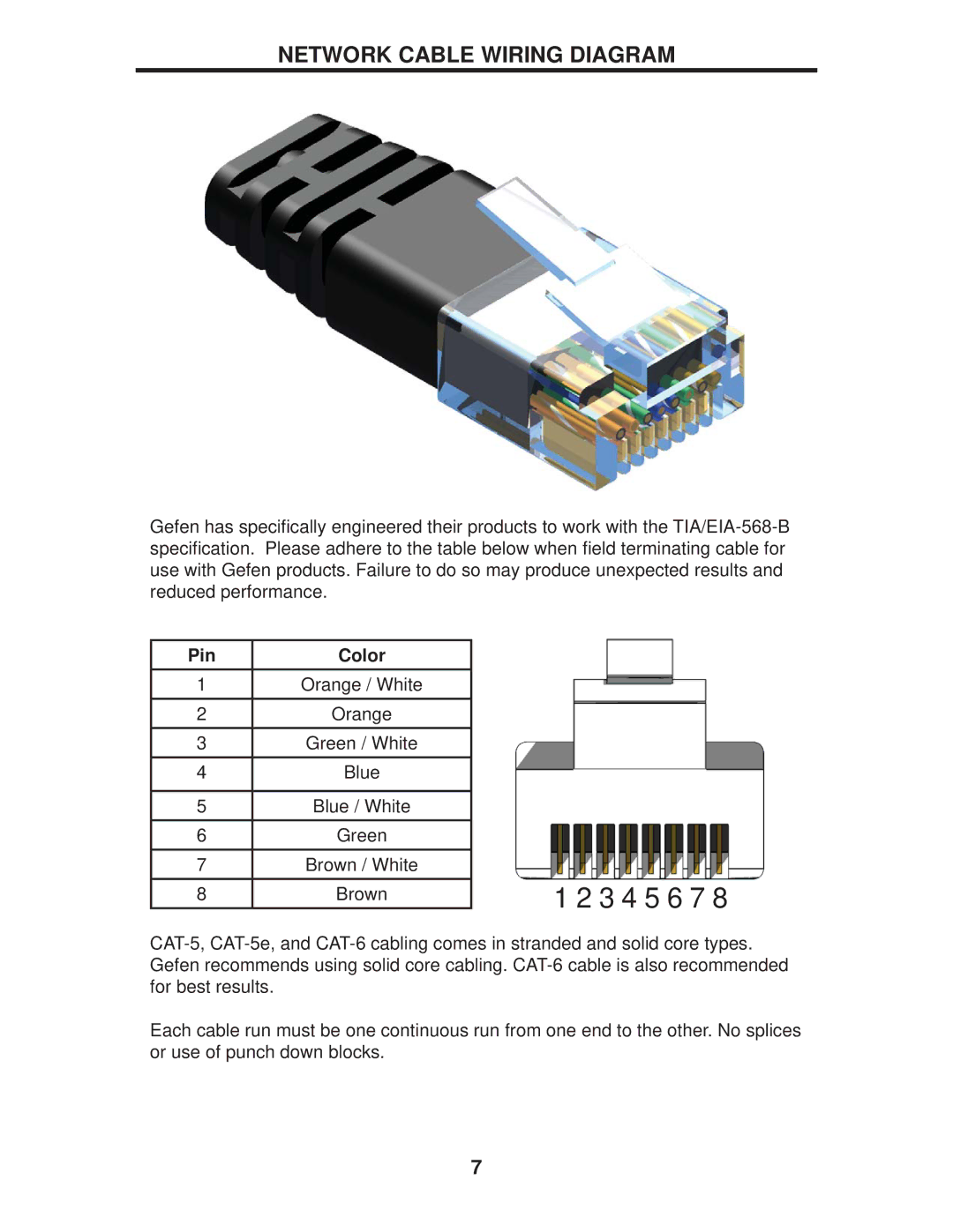 Gefen EXT-VGA-CAT5-142 user manual Network Cable Wiring Diagram, Pin Color 