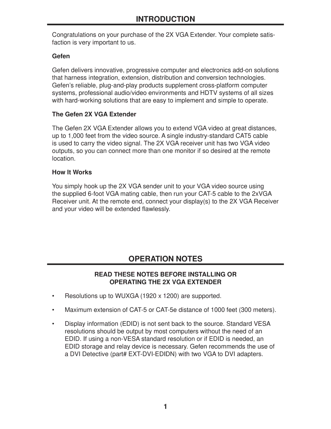 Gefen EXT-VGA-CAT5-142 user manual Introduction, Operation Notes, Gefen 2X VGA Extender, How It Works 