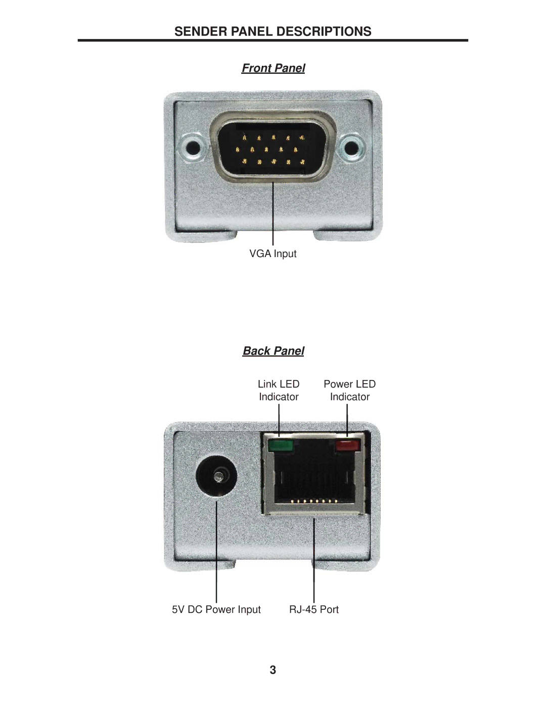 Gefen EXT-VGA-CAT5-142 user manual Sender Panel Descriptions 