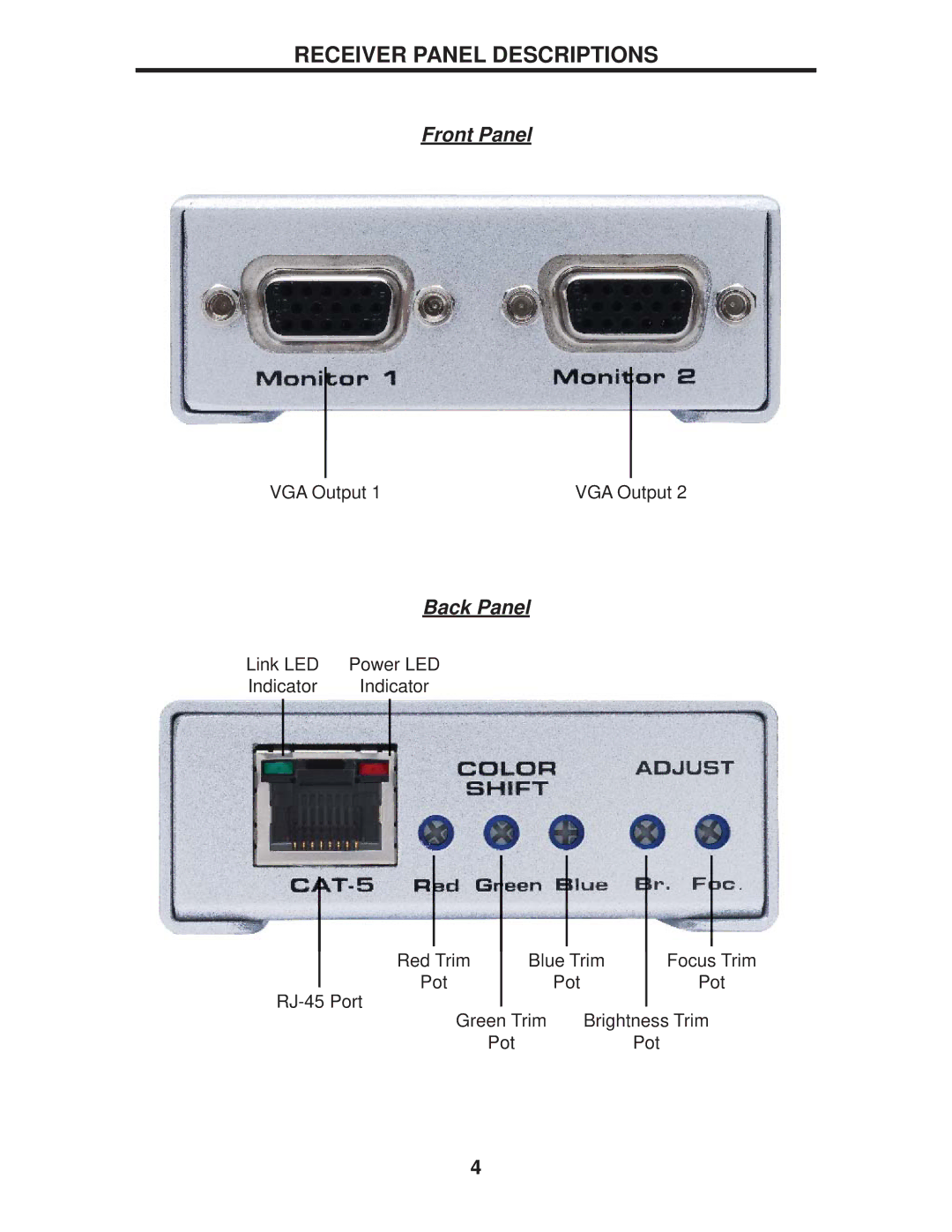 Gefen EXT-VGA-CAT5-142 user manual Receiver Panel Descriptions 