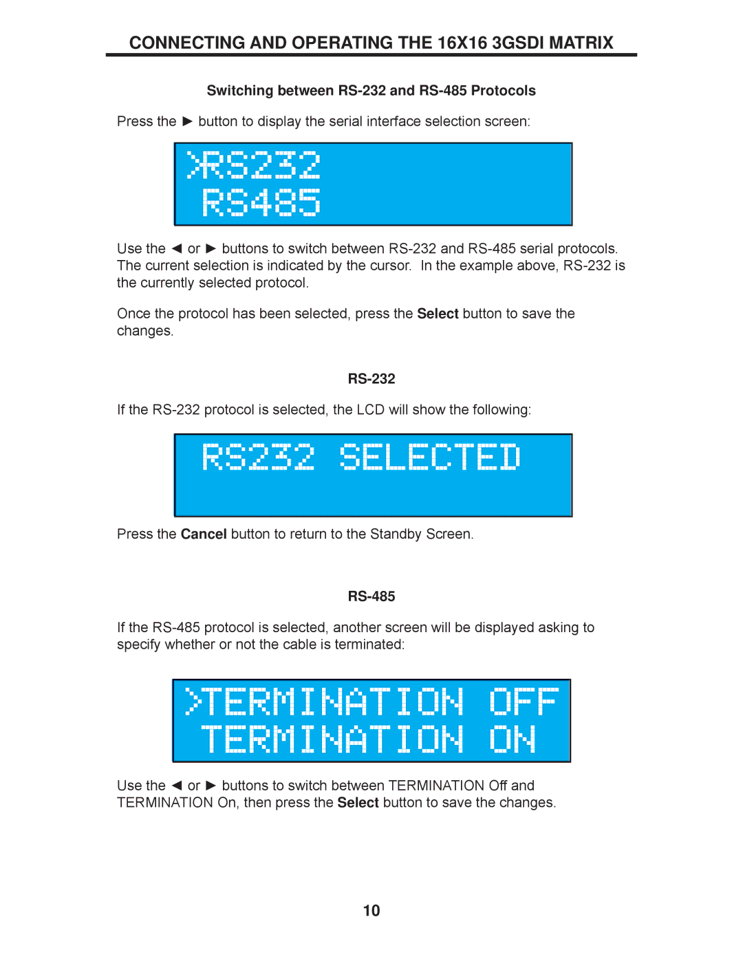 Gefen GEF-3GSDI-16416 user manual Switching between RS-232 and RS-485 Protocols 