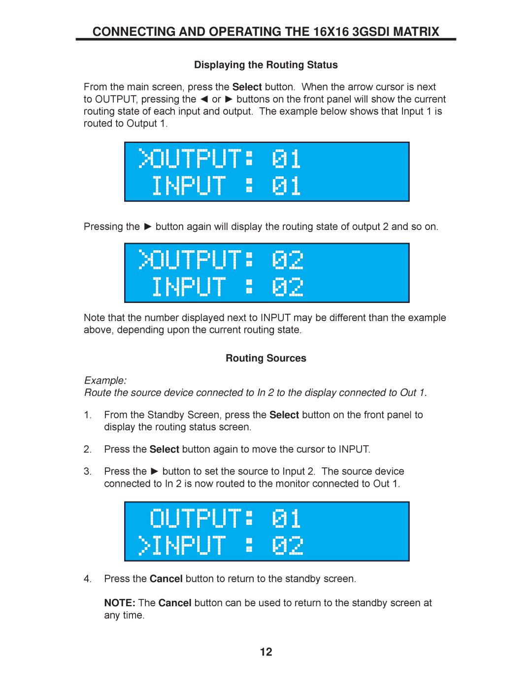 Gefen GEF-3GSDI-16416 user manual Displaying the Routing Status, Routing Sources 