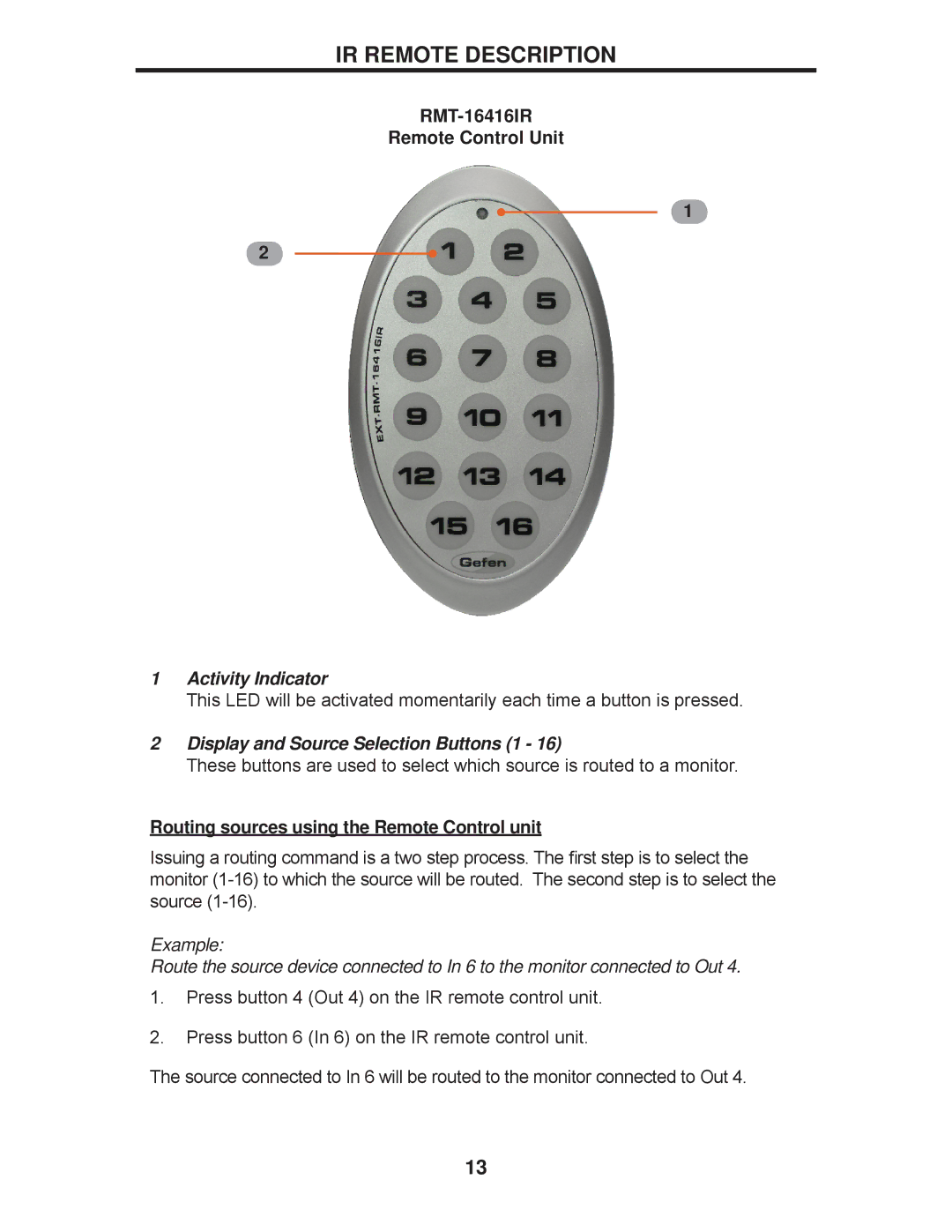 Gefen GEF-3GSDI-16416 user manual IR Remote Description, RMT-16416IR Remote Control Unit 