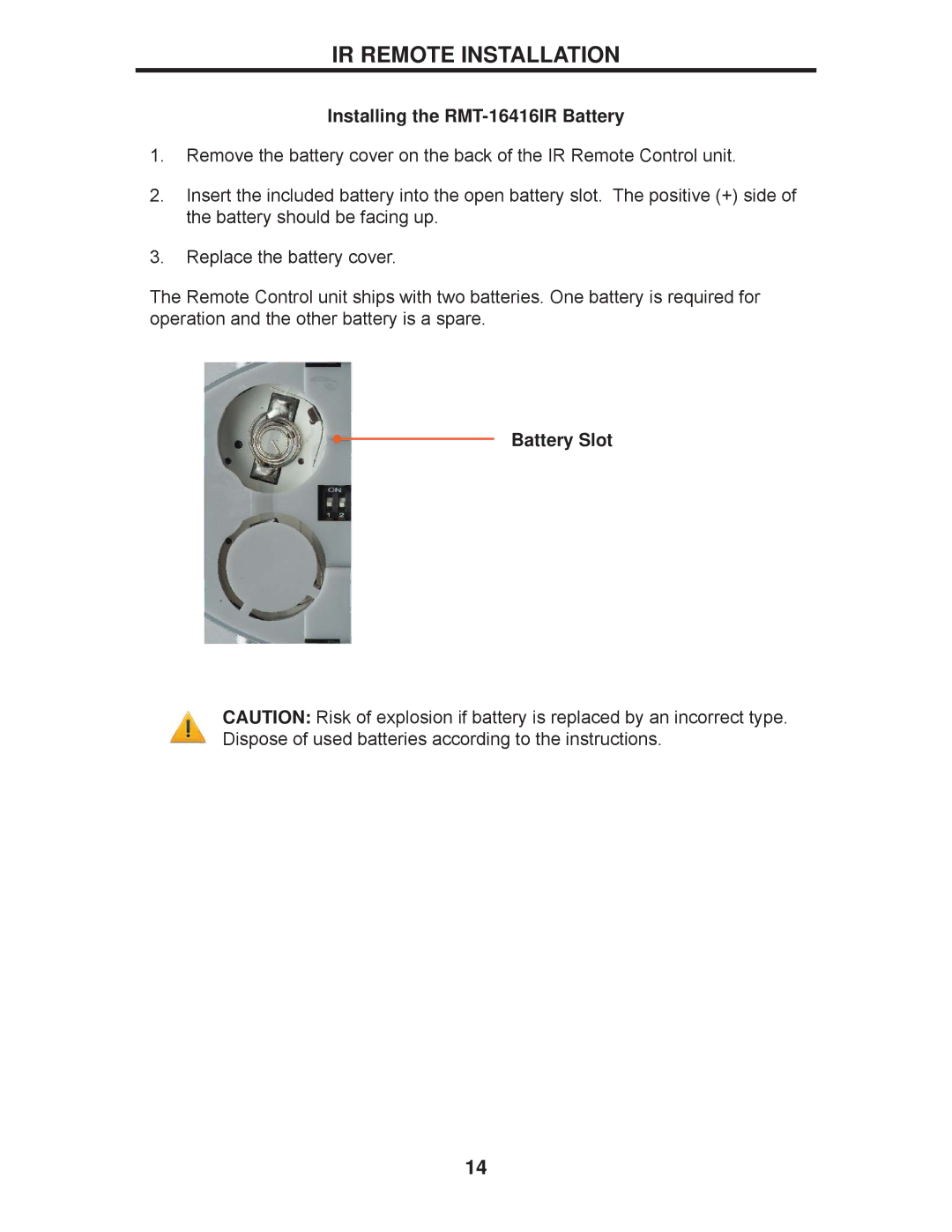 Gefen GEF-3GSDI-16416 user manual IR Remote Installation, Installing the RMT-16416IR Battery, Battery Slot 