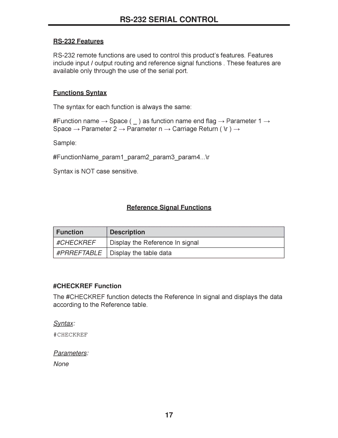 Gefen GEF-3GSDI-16416 user manual RS-232 Serial Control, RS-232 Features, Functions Syntax, #CHECKREF Function 