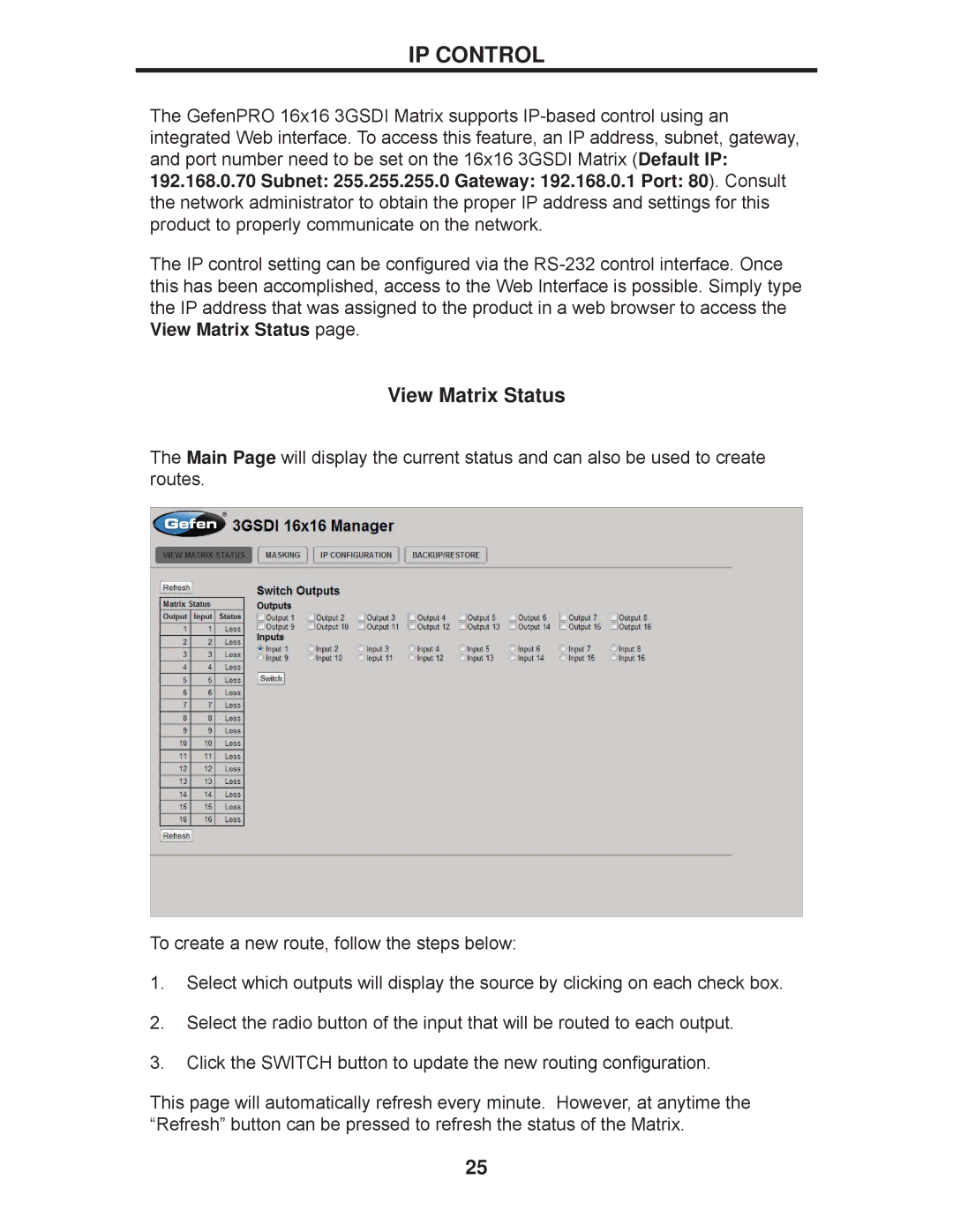 Gefen GEF-3GSDI-16416 user manual IP Control, View Matrix Status 