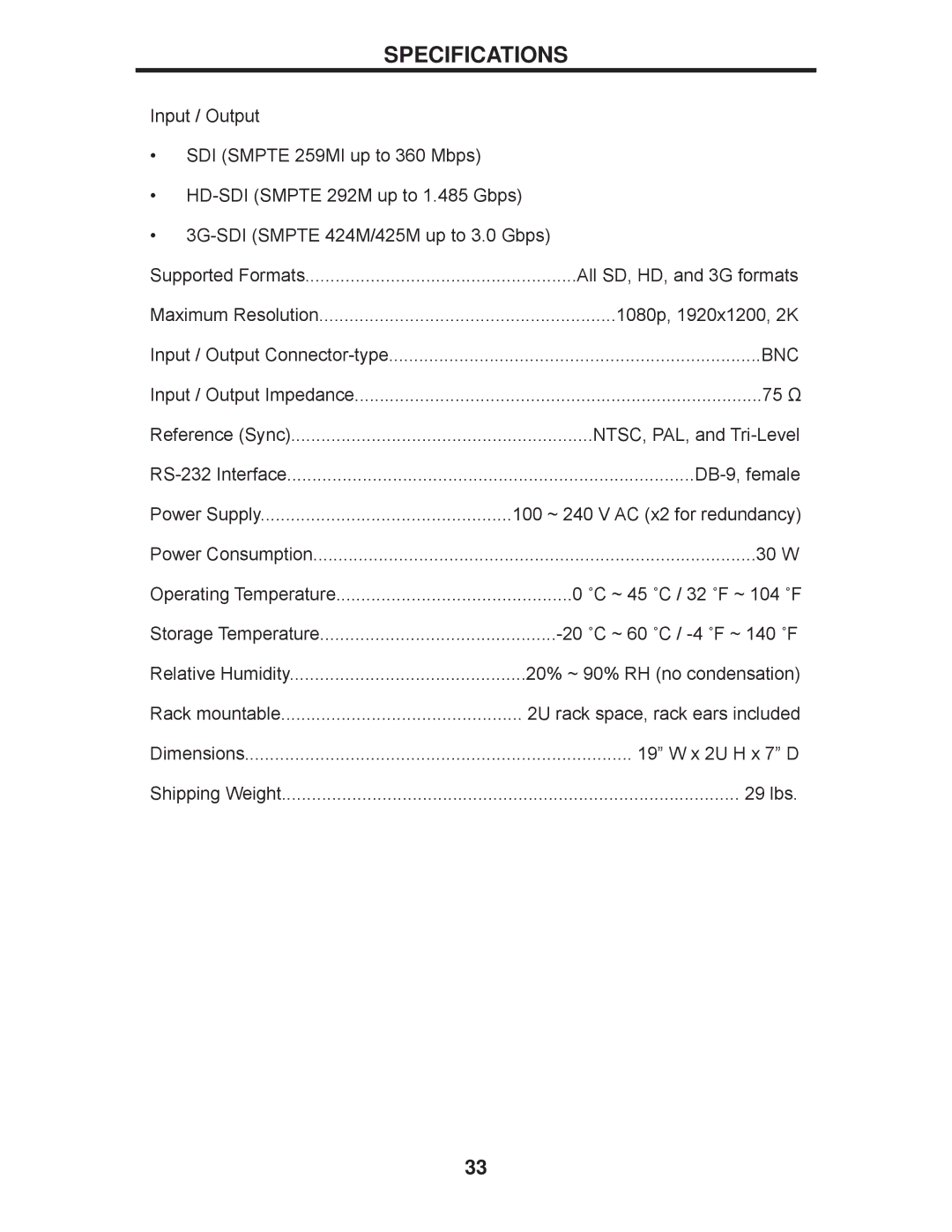 Gefen GEF-3GSDI-16416 user manual Specifications, Bnc 