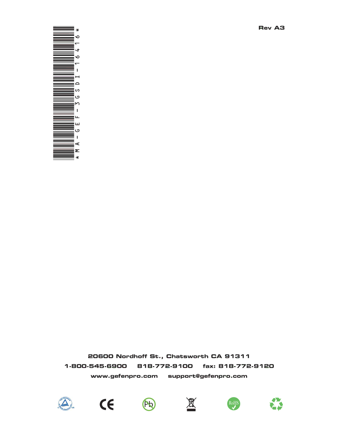 Gefen GEF-3GSDI-16416 user manual Rev A3 Nordhoff St., Chatsworth CA 