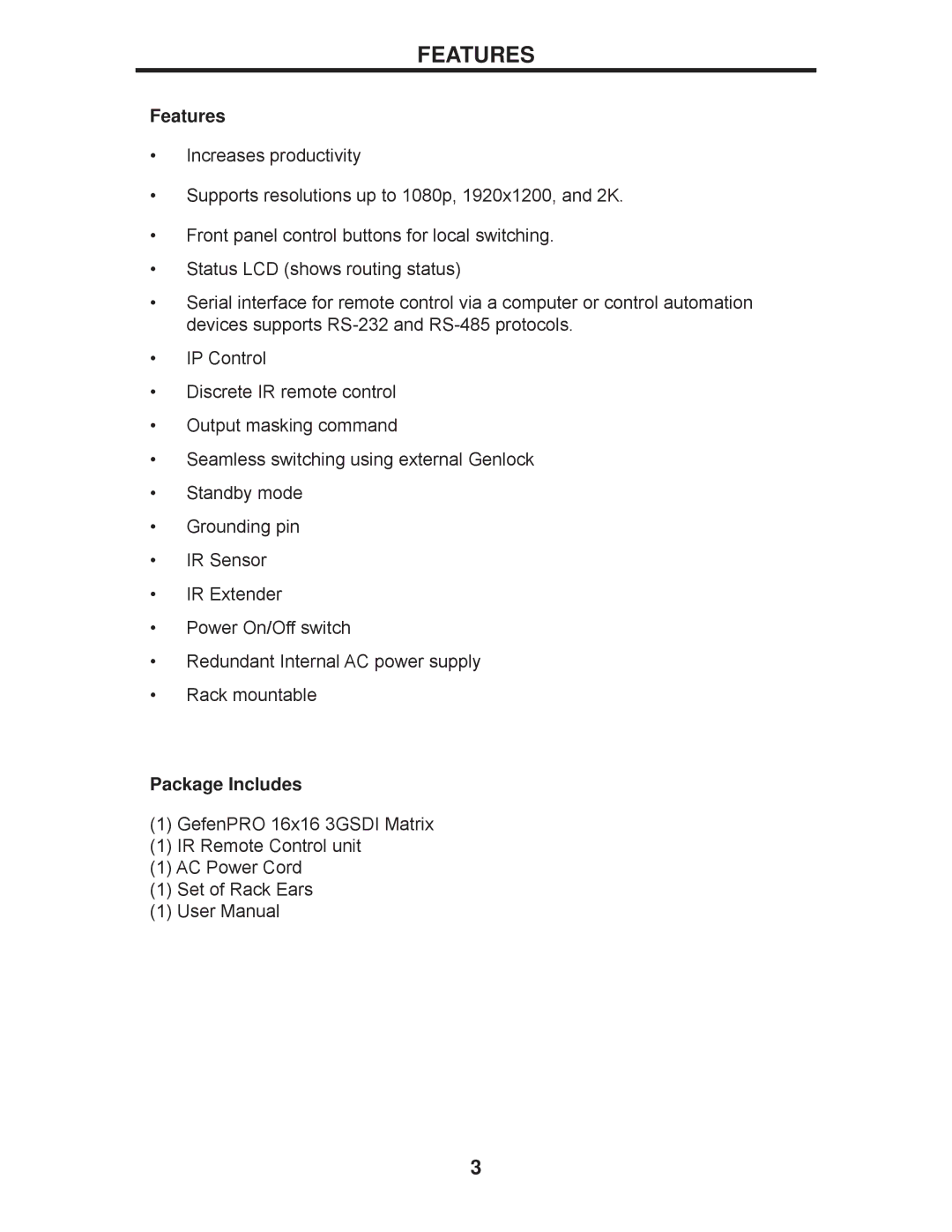 Gefen GEF-3GSDI-16416 user manual Features, Package Includes 