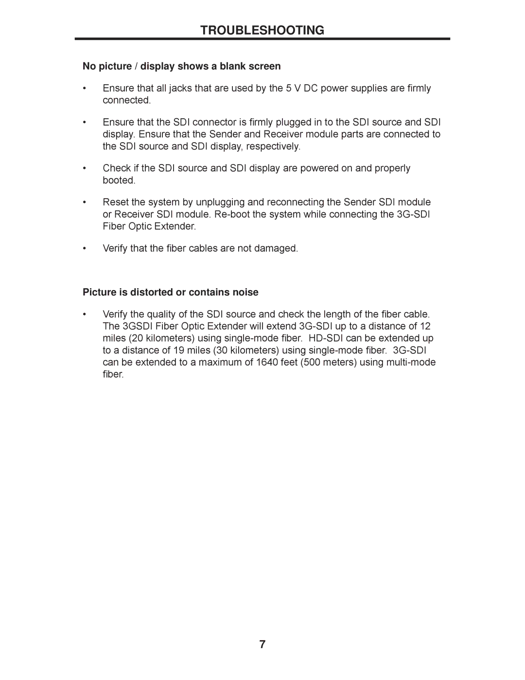 Gefen GEF-3GSDI-FO-141 Troubleshooting, No picture / display shows a blank screen, Picture is distorted or contains noise 