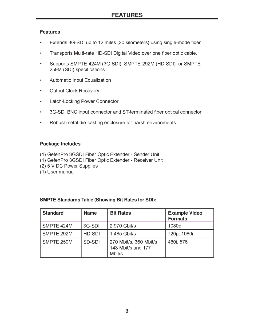 Gefen GEF-3GSDI-FO-141 user manual Features, Package Includes 